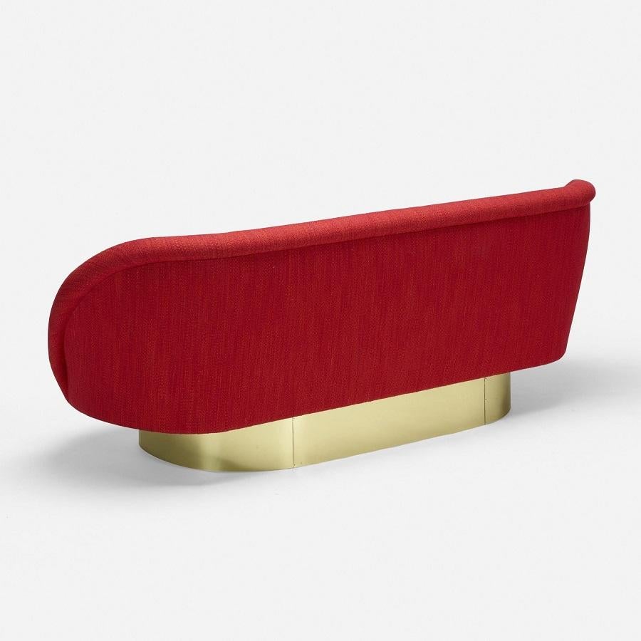 Vladimir Kagan Crescent sofa in red upholstery with a brass base.

Check out our other items listed separately (Paint Brushes Sculpture, David Ebner Side Table and VeArt Floor Lamp. (See picture in this listing).