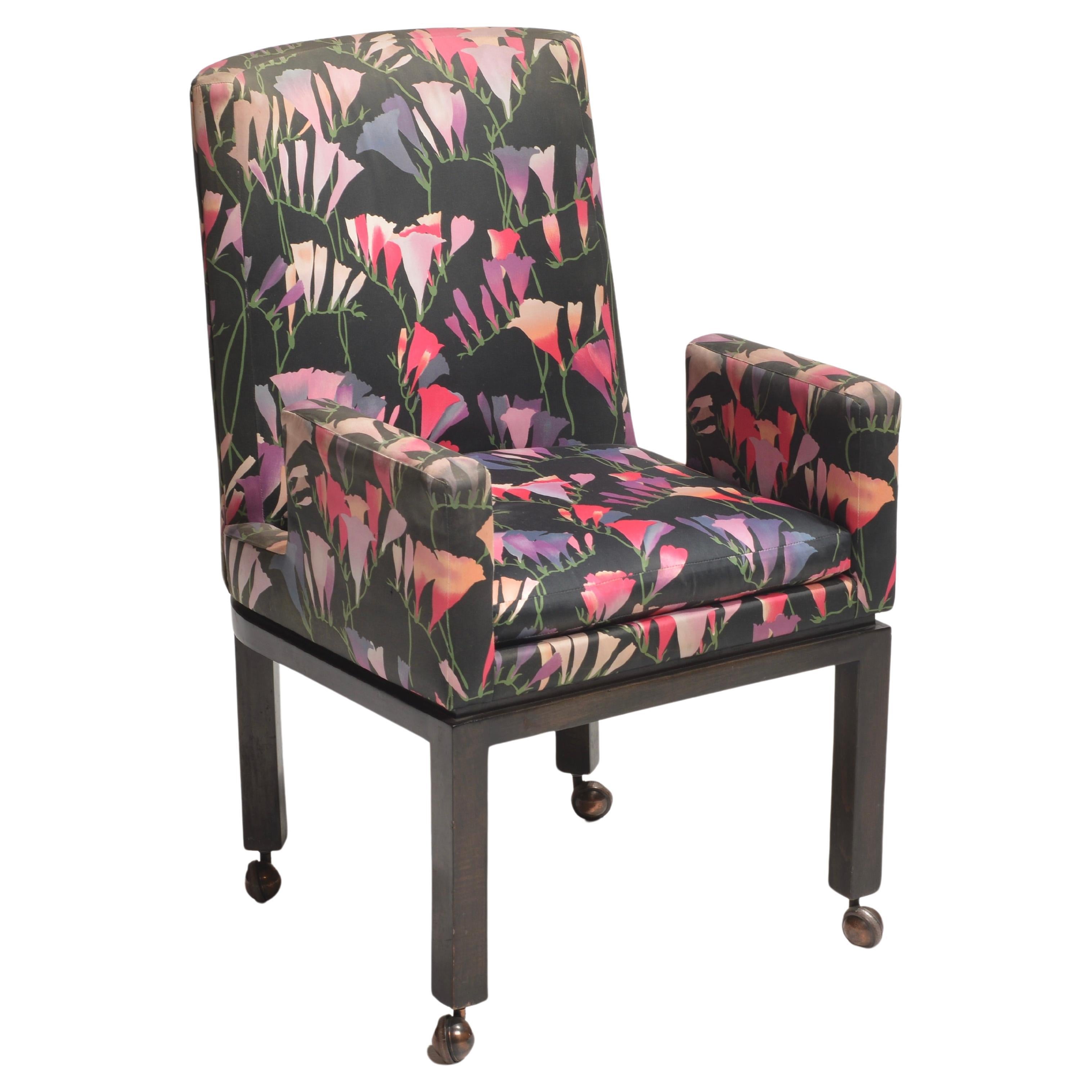 These are wonderful dining chairs by Vladimir Kagan crafted in 1950.  They retain the original floral upholstery which is in used condition with fading throughout.  Upholstery services are available if desired.  
