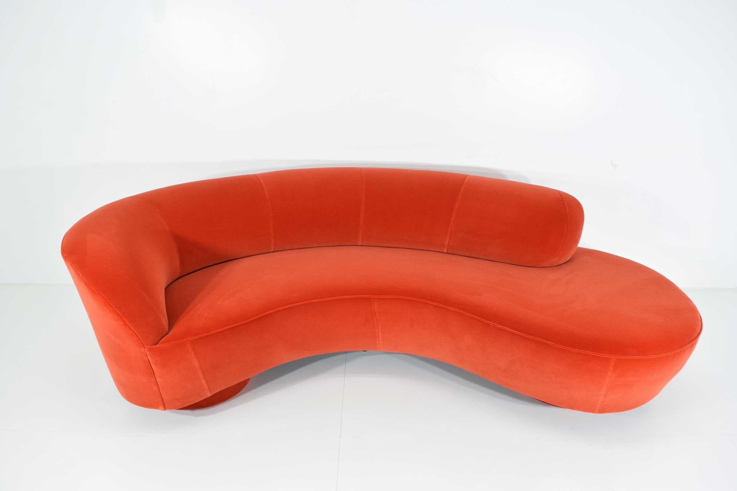 Beautiful sofa by Vladimir Kagan newly upholstered in a rich cotton velvet. For Directional. Double top stitch on seams.