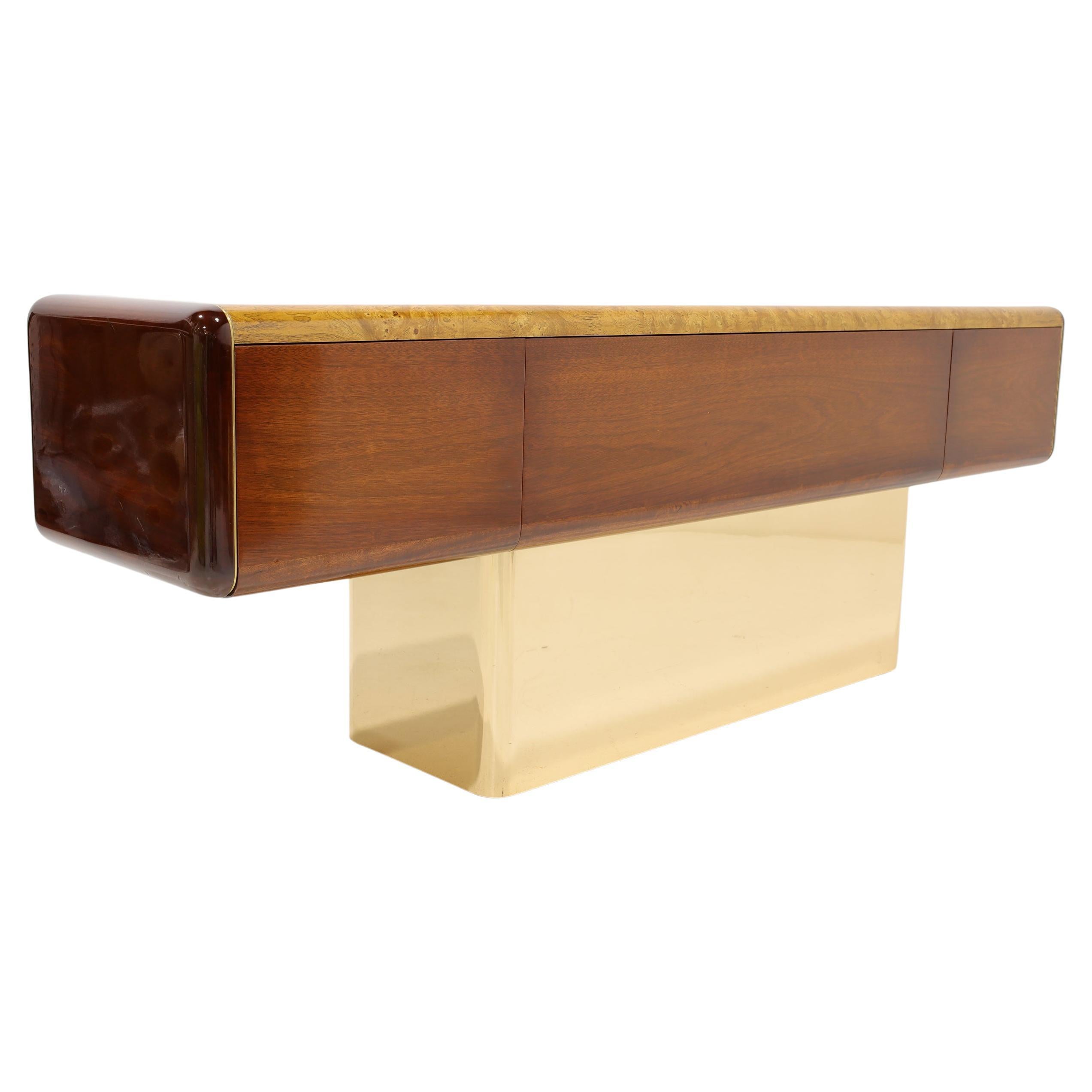 Vladimir Kagan Design Credenza in Burl and Mahogany with Brass Base For Sale
