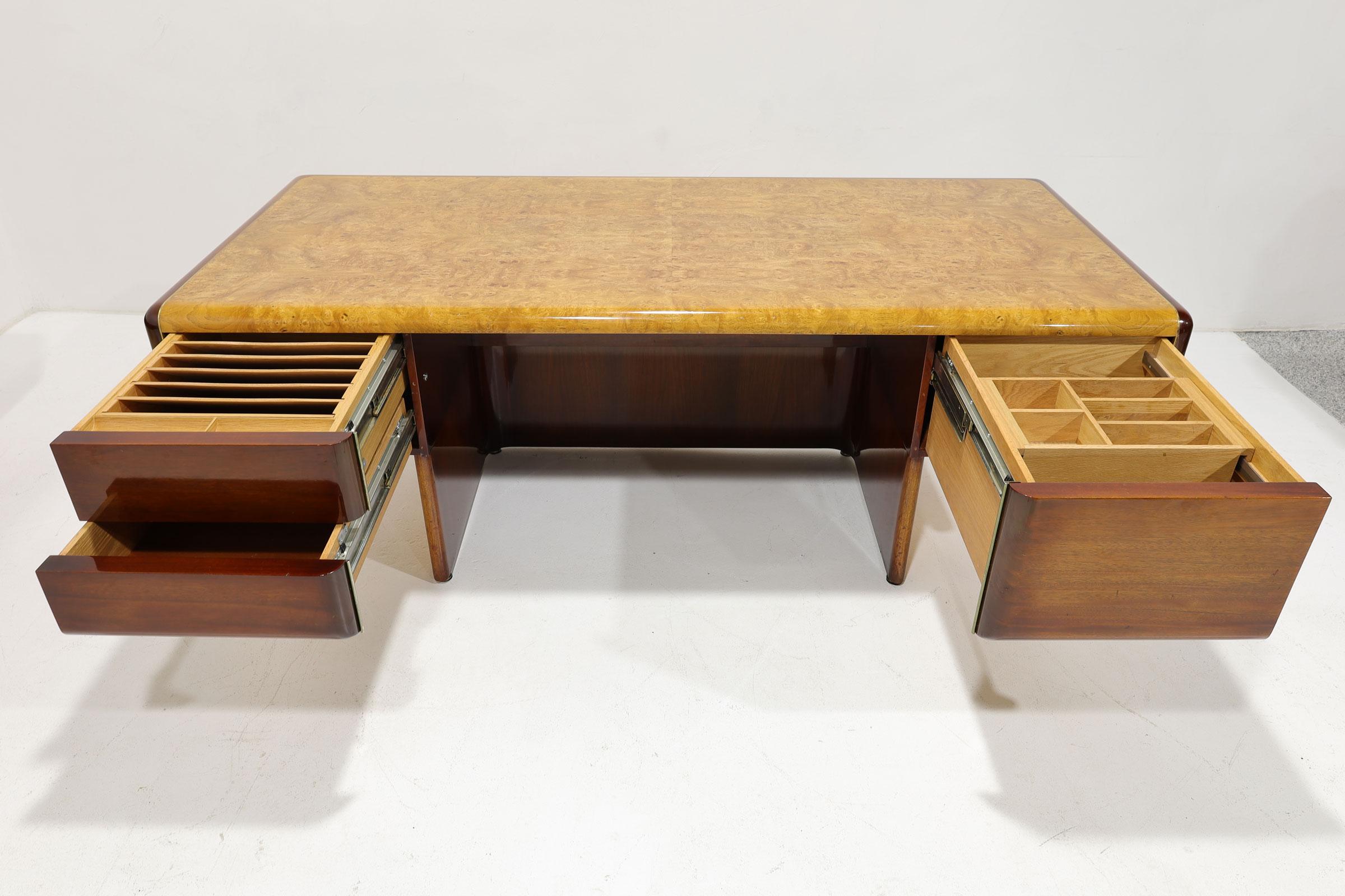 Vladimir Kagan Design Desk and Credenza in Burl and Mahogany with Brass Base For Sale 6