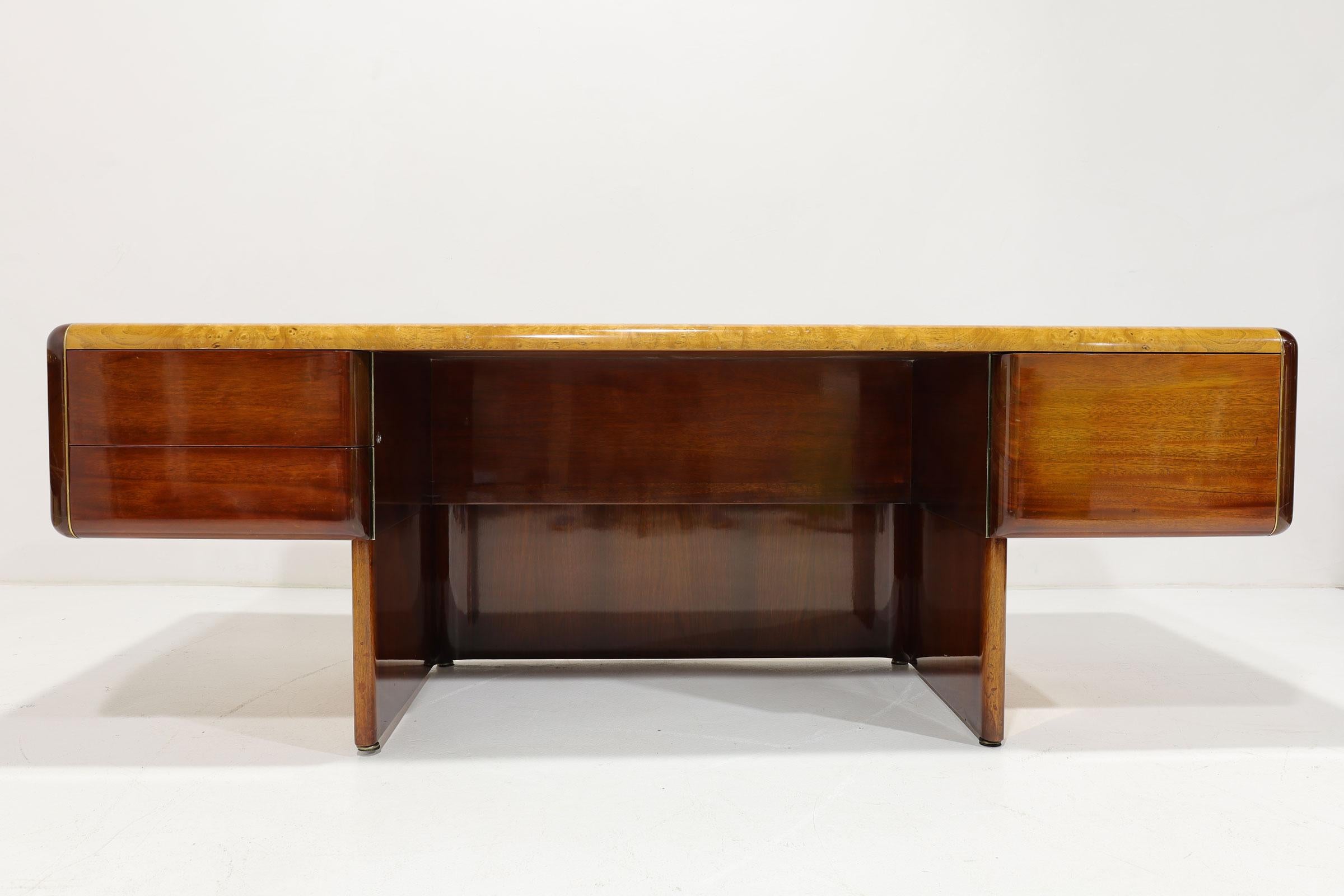 Vladimir Kagan Design Desk and Credenza in Burl and Mahogany with Brass Base For Sale 8