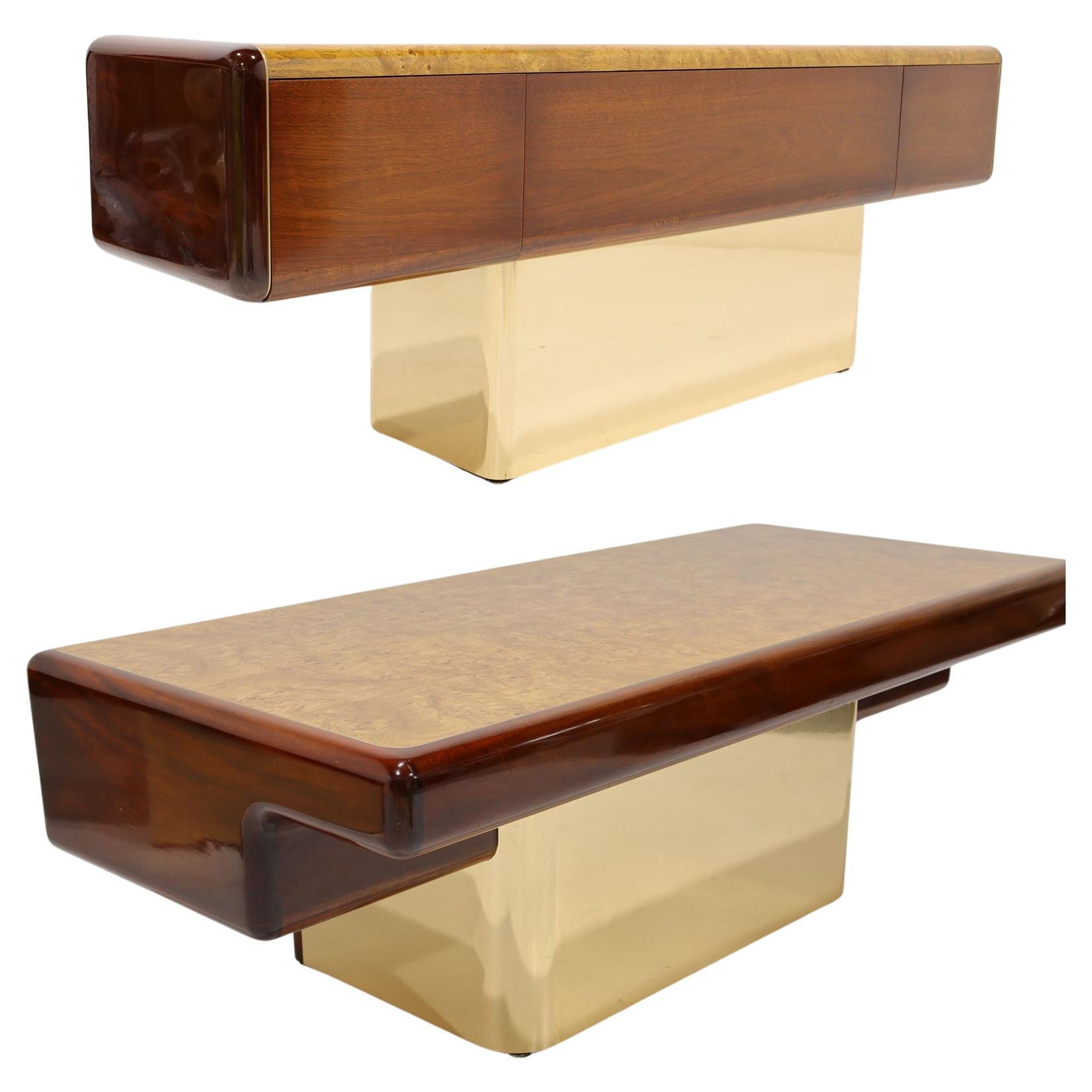 Vladimir Kagan Design Desk and Credenza in Burl and Mahogany with Brass Base For Sale