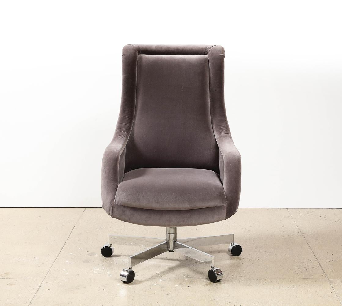 Executive Desk Chair by Vladimir Kagan.  Fabric, chromed metal. High back swivel desk chair with tilt and casters. A great model. 2nd matching chair is available.