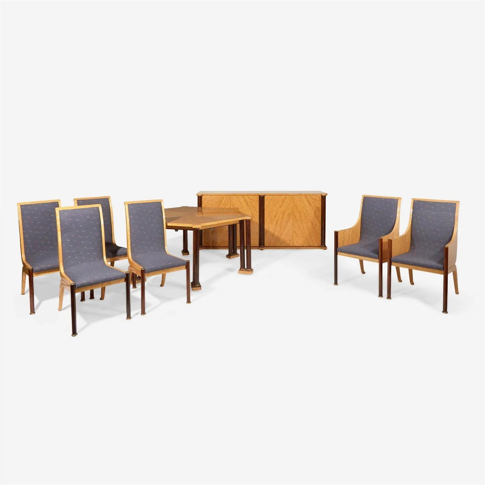 Vladimir Kagan (American, 1927-2016) The Kagan Family Copeland Dining Room Set, Vladimir Kagan Designs, Inc., USA, circa 1983

Can purchase separately

Birdseye maple veneer, mahogany, brass, fabric upholstery comprising of a dining table with two