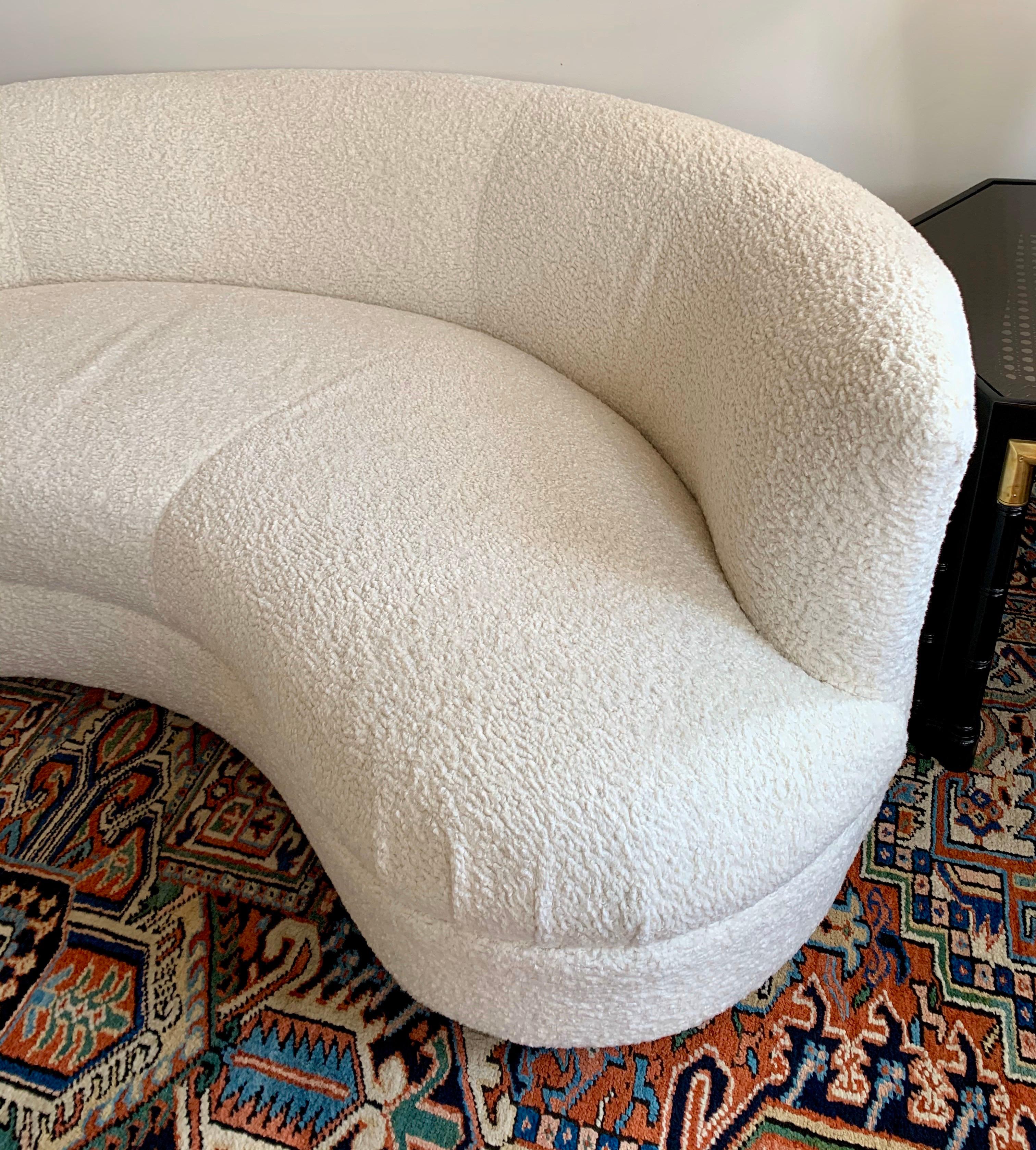 Newly upholstered in Kravet high performance fabric that has a sheepskin like pile. Mint condition,
circa 1970s, USA. Incredible lines and scale, see dimensions below.