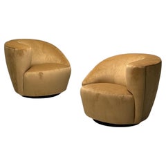 Vladimir Kagan, Directional, Mid-Century, Nautilus Swivel Chairs, Camel Velvet