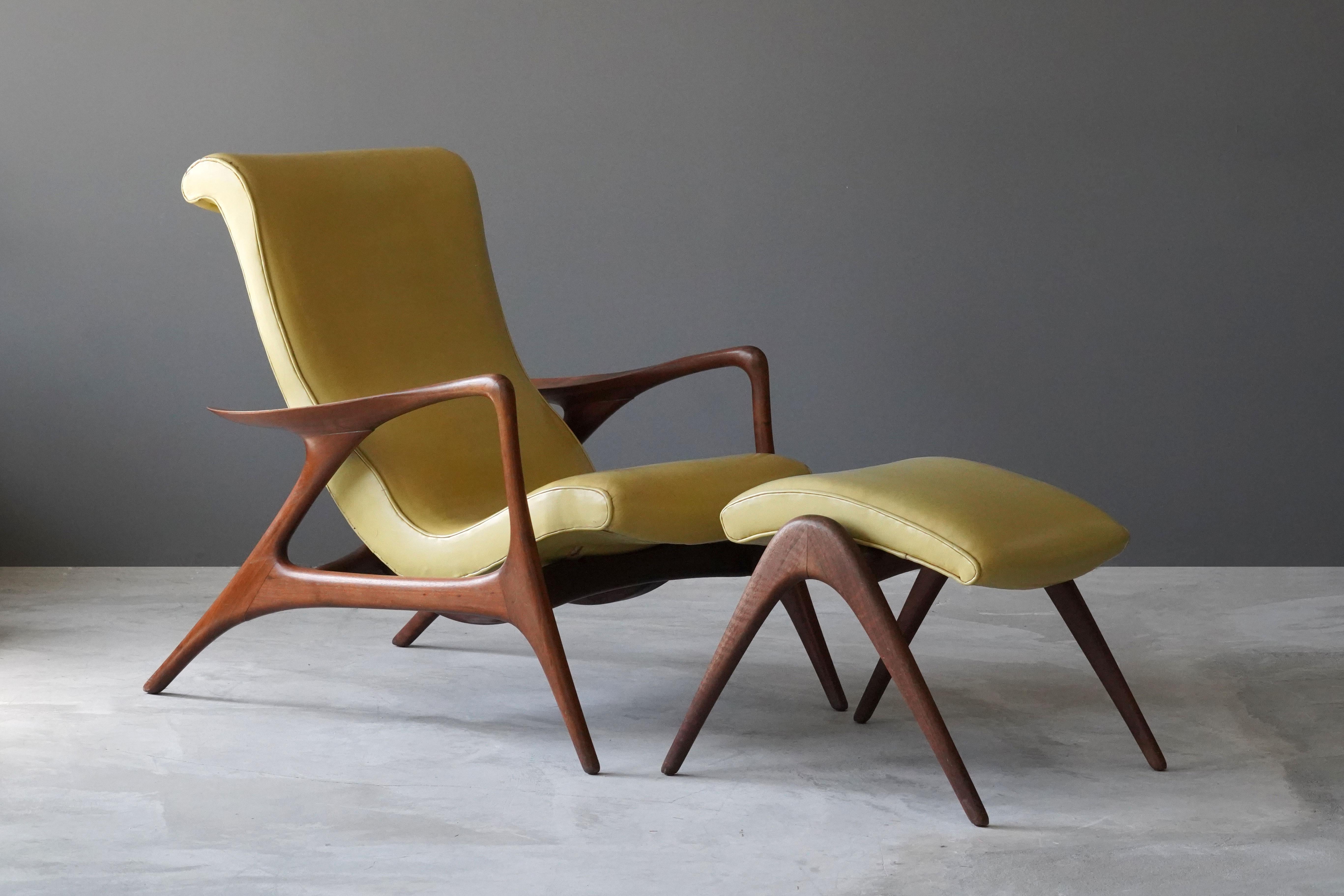 An early, all original adjustable organic lounge chair / armchair with ottoman by Vladimir Kagan. Sculpted walnut frame with overstuffed seat in original yellow leather. Bears label. 

Present example is a very rare adjustable version. Designed in