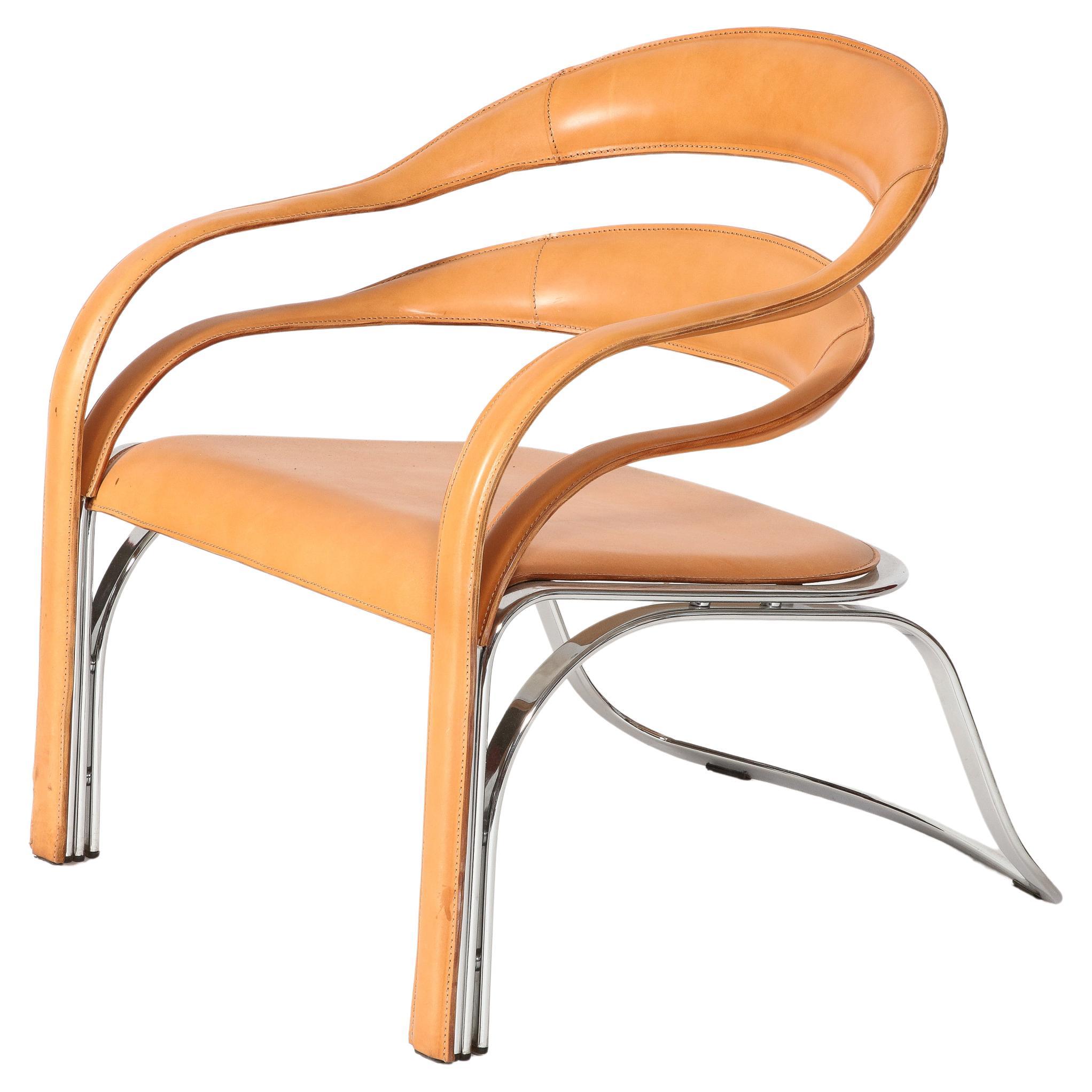 Vladimir Kagan Fettucini Lounge Chair in Sienna Leather Seat with Metal Base
