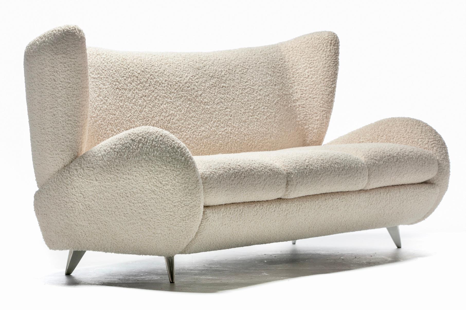 Mid-Century Modern Vladimir Kagan Fiftyish Sofa in Super Soft Ivory White Bouclé For Sale