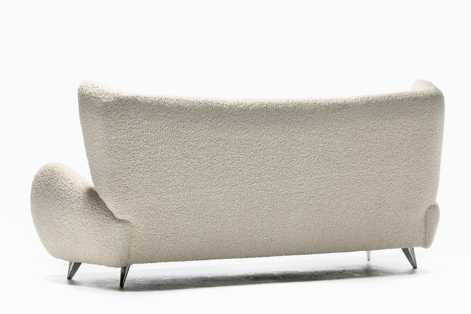 Stainless Steel Vladimir Kagan Fiftyish Sofa in Super Soft Ivory White Bouclé For Sale