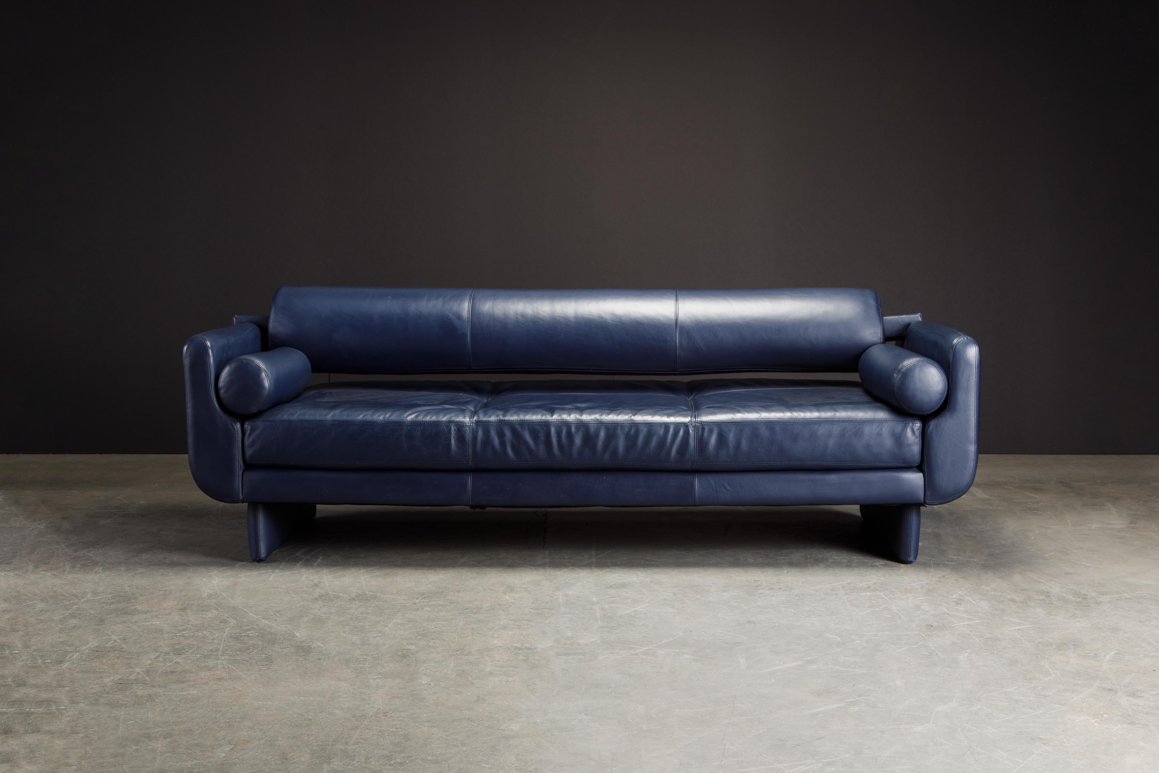 The blue leather on this Vladimir Kagan for American leather Postmodern 'Matinee' convertible sofa / daybed is absolutely to die for. Beautiful color and light patina throughout, featuring high quality leather that Vladimir Kagan and American