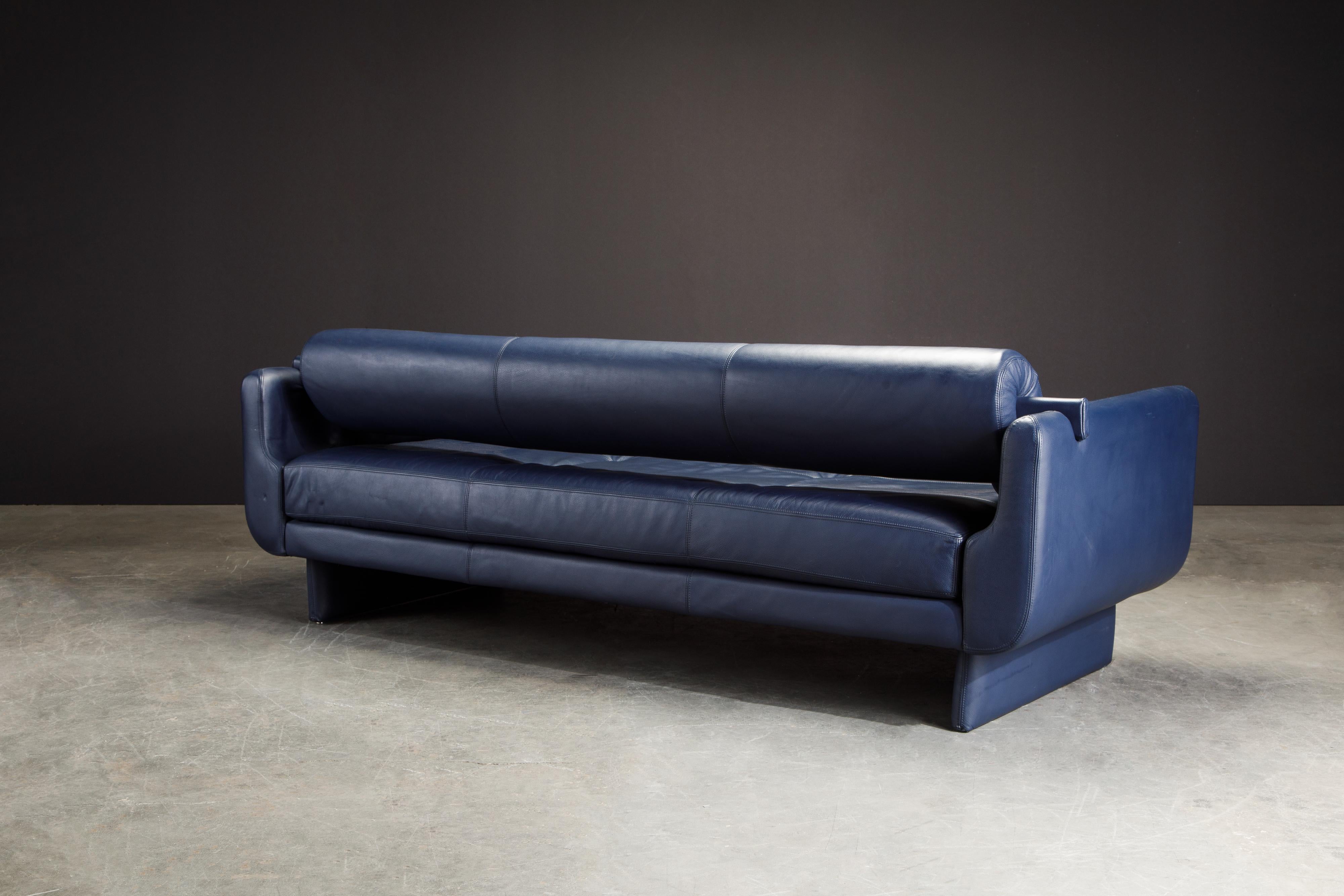 Vladimir Kagan for American Leather 'Matinee' Blue Leather Sofa Daybed, Signed 4