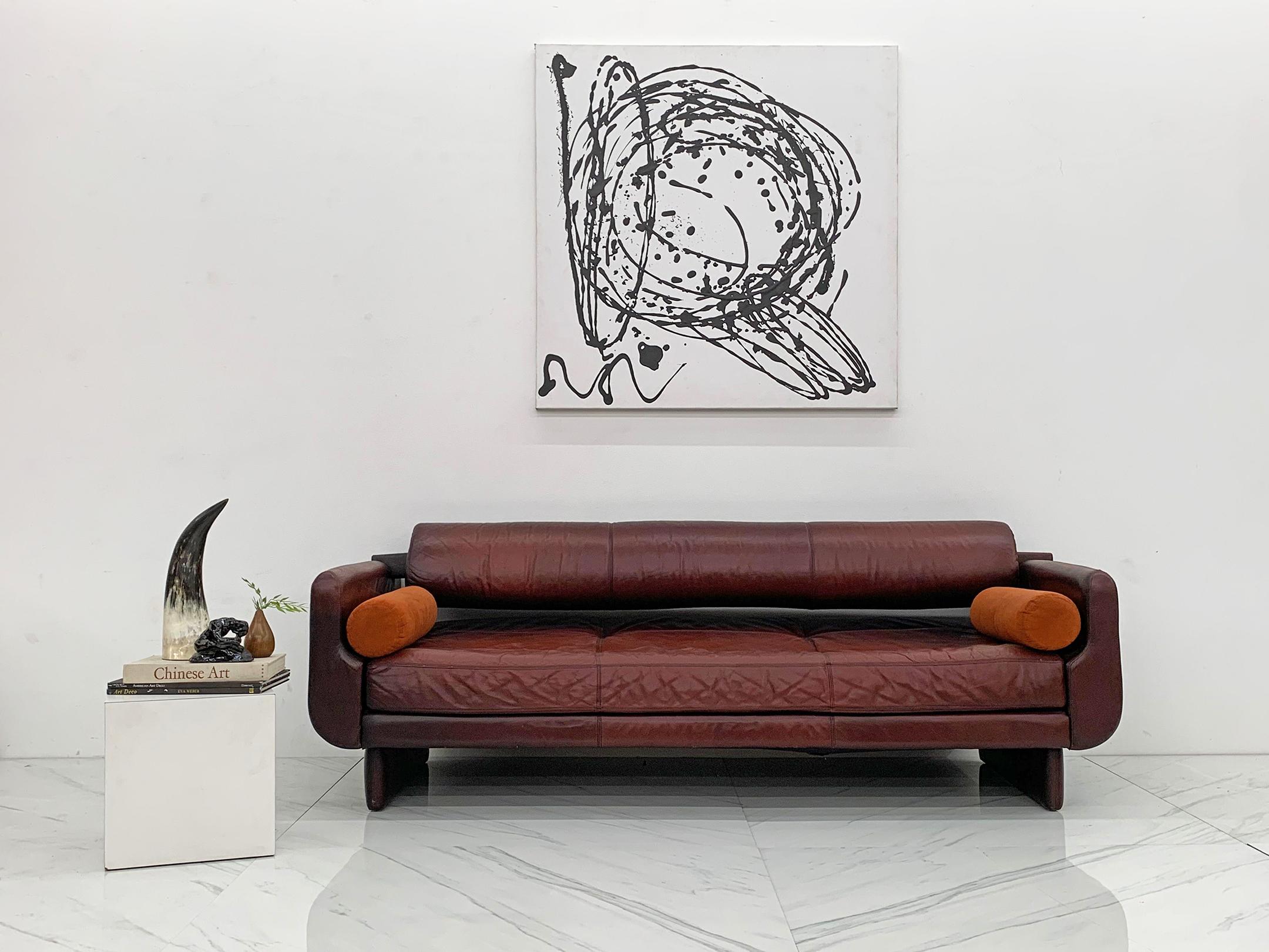 This sofa is gorgeous! Designed by Vladimir Kagan for American Leather, this Matinee sofa is the perfect sofa for a guest room, as its bolster back pillow lifts off the back, creating a chic, comfortable daybed for any guest. 

The sofa,
