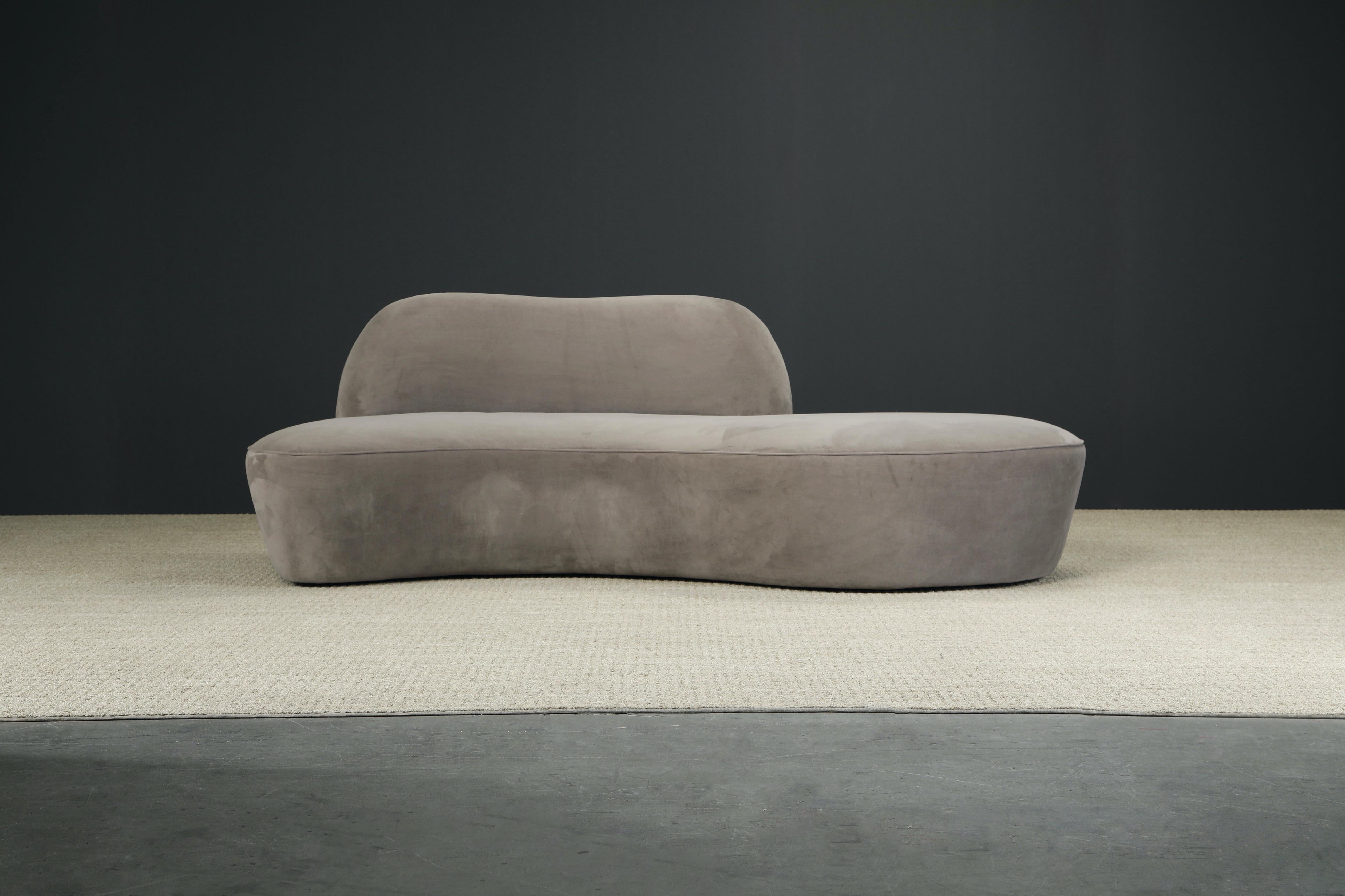 This spectacular example of Vladimir Kagan design was produced by American Leather in 2012, in its original Alcantara (ultrasuede) in a medium grey color called 'Otter', signed underneath with American Leather labels.

Modeled after the early