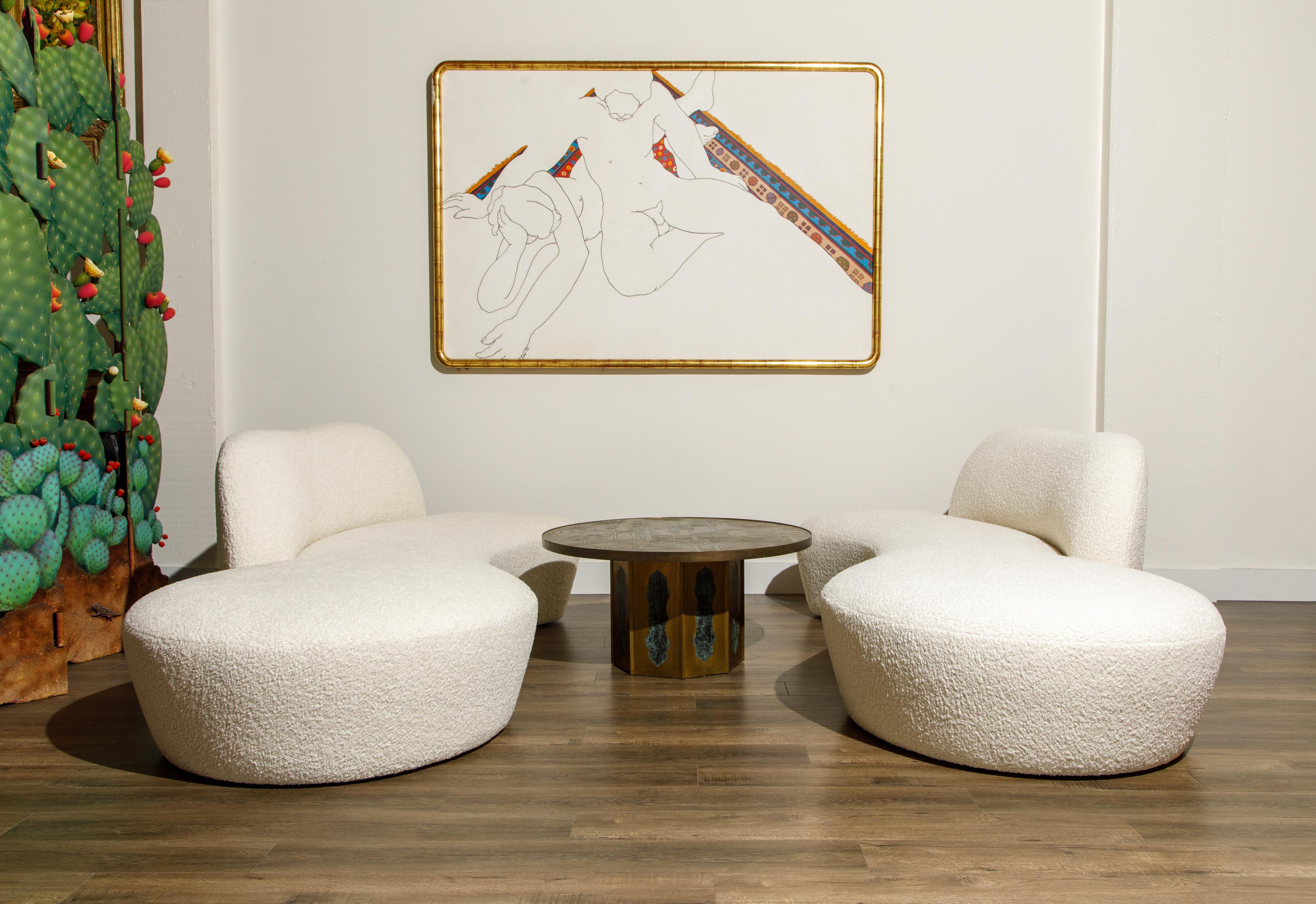 This spectacular example of Vladimir Kagan design was produced by American Leather for a short time, circa early 2000's, and was just reupholstered in a gorgeous white Bouclé fabric, signed underneath with American Leather label. Modeled after the