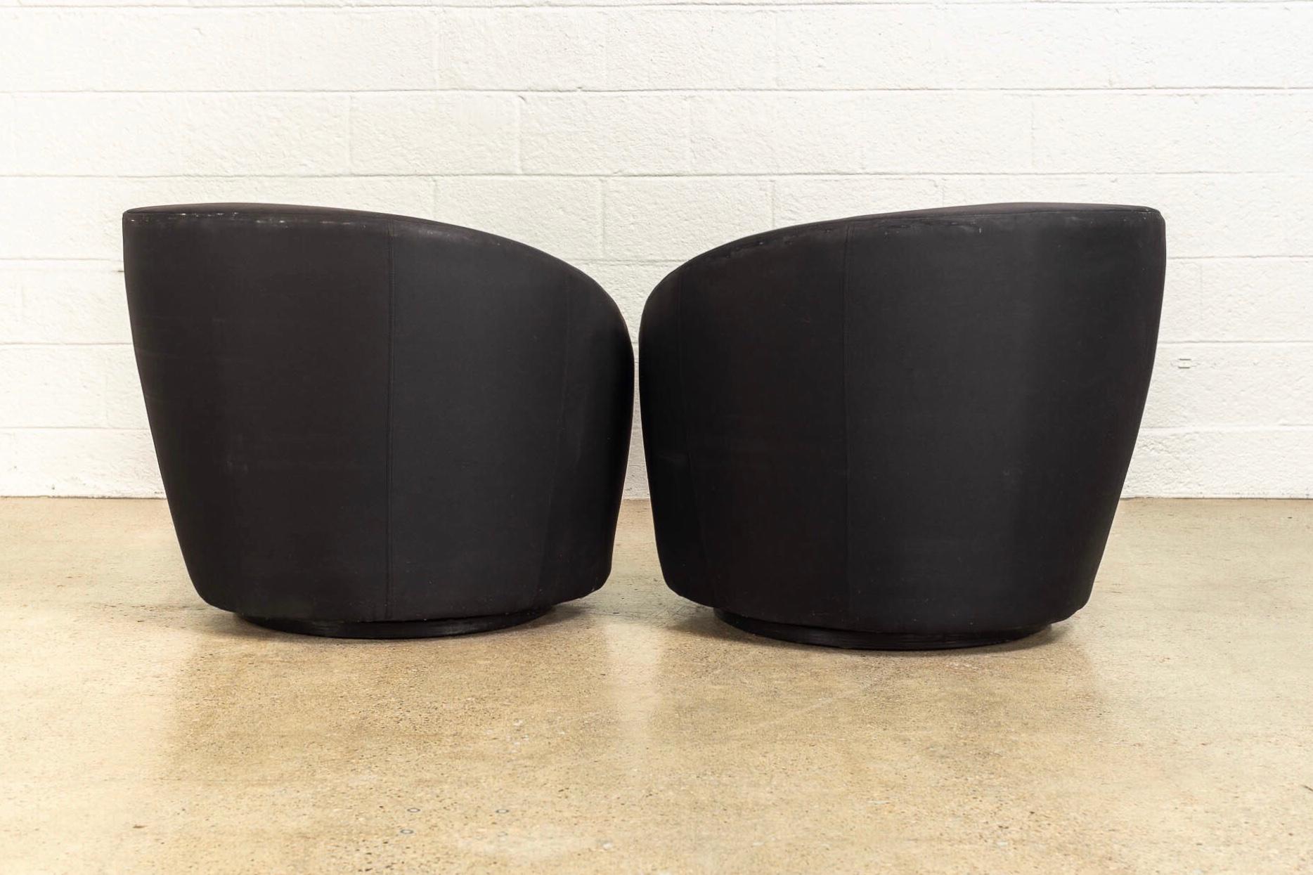 Cotton Vladimir Kagan for Directional Black Swivel Nautilus Corkscrew Club Chairs