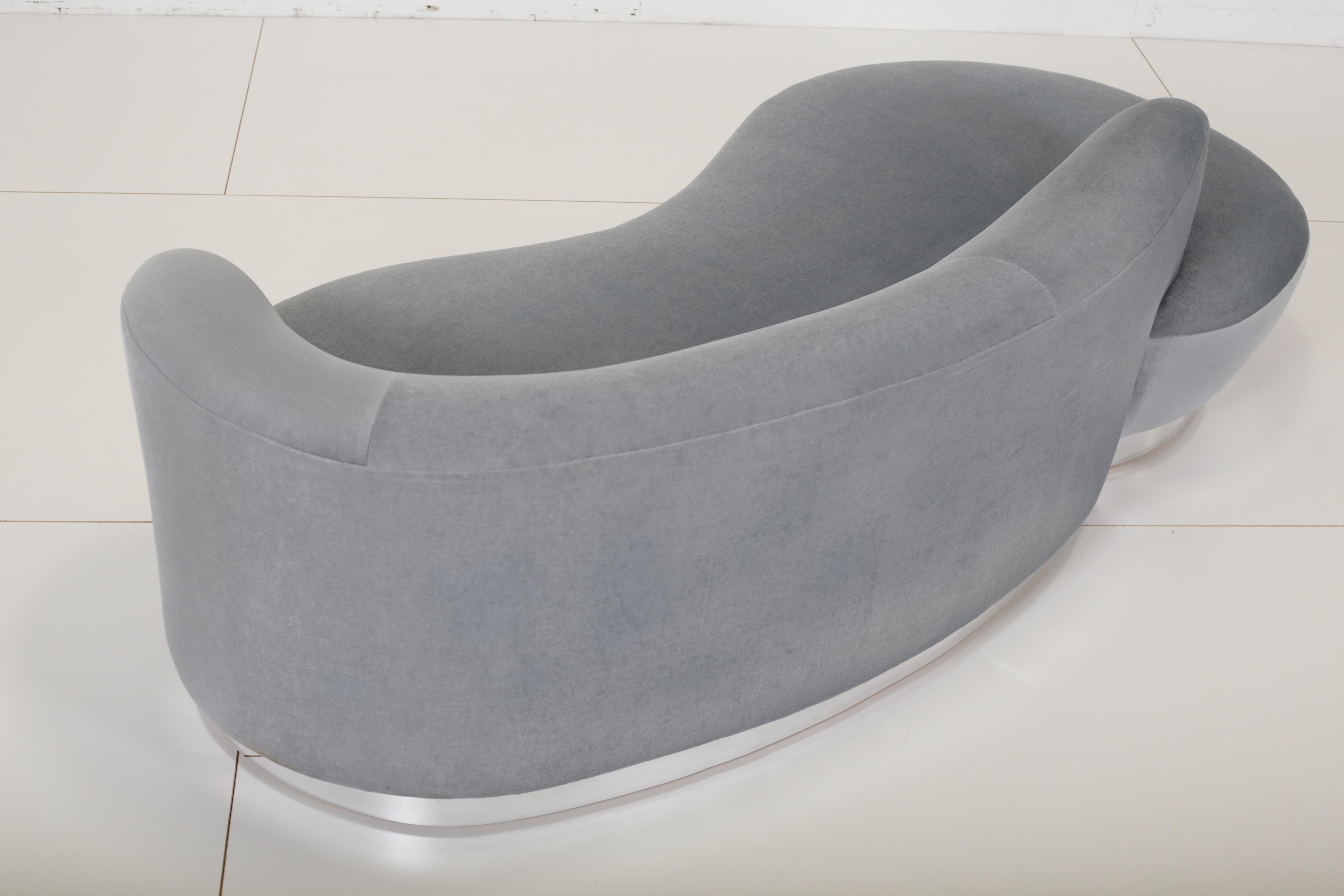 Directional furniture cloud sofa. Blue-grey mohair upholstery with chrome base.