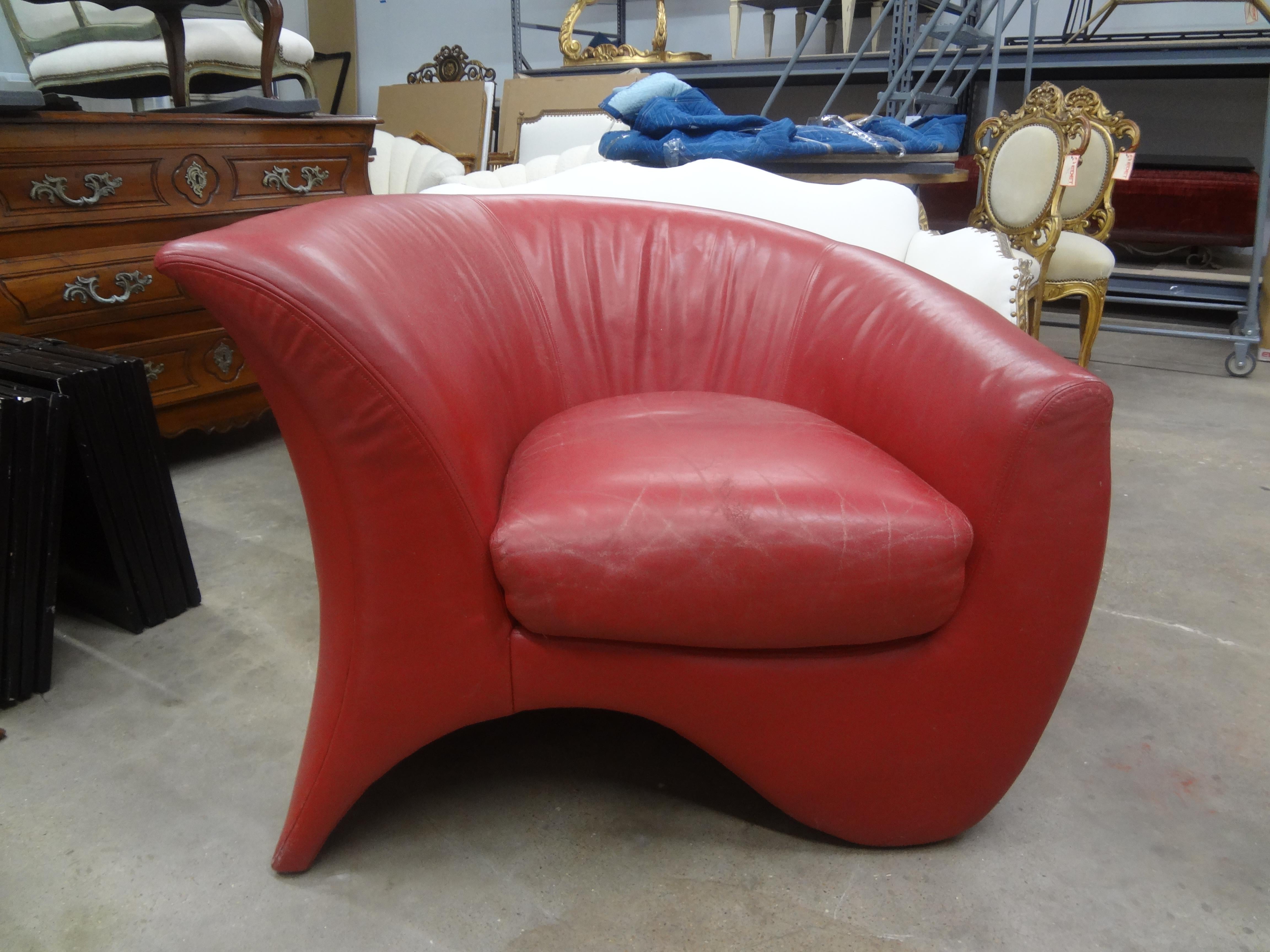 Vladimir Kagan for Directional hurricane chair.
Stunning post modern sculptural hurricane chair designed by Vladimir Kagan for Directional in the 1980s. This interesting chair retains the original red leather upholstery and is extremely
