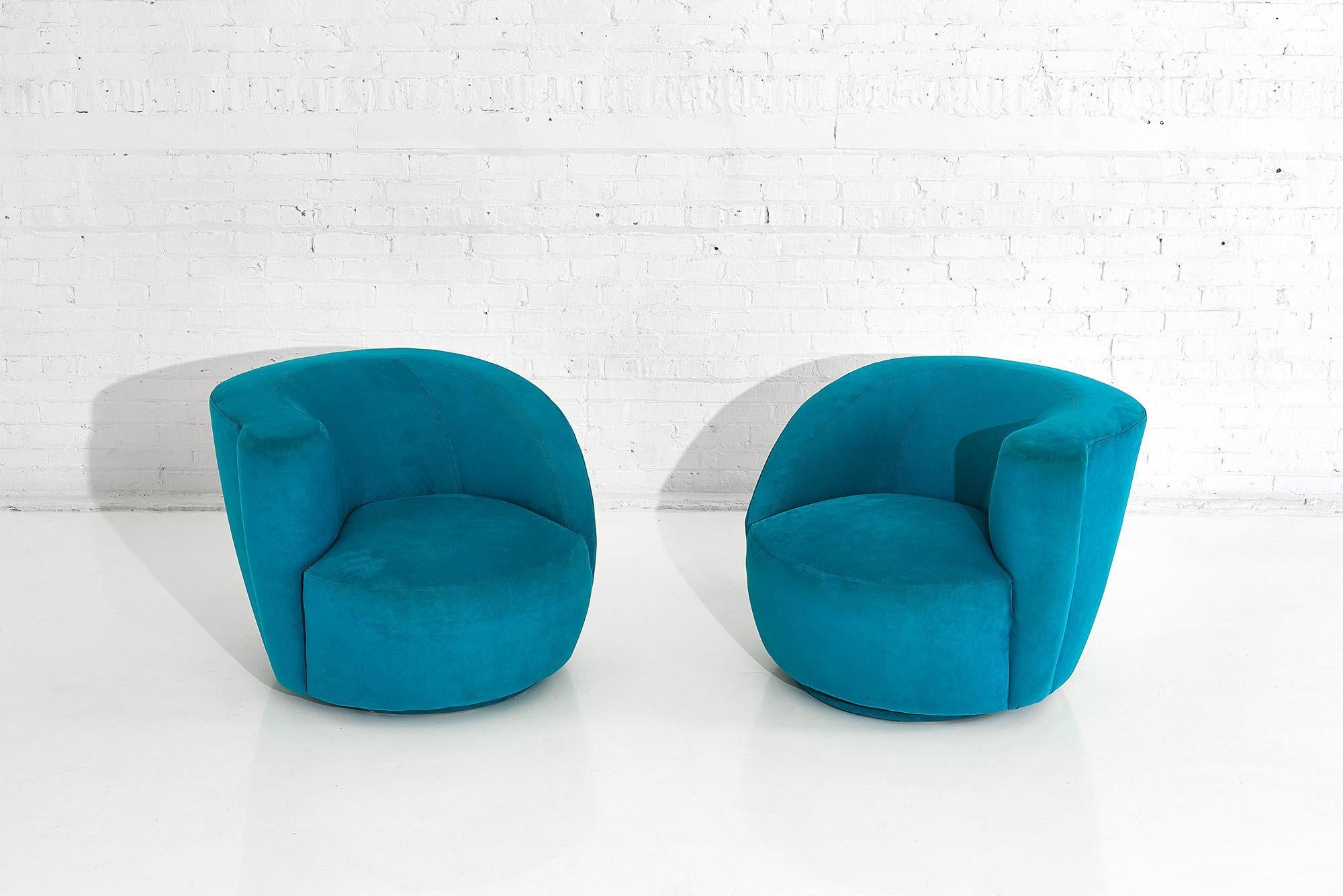 Pair of Vladimir Kagan for Directional “Nautilus” swivel chairs. Original upholstery in very good condition.