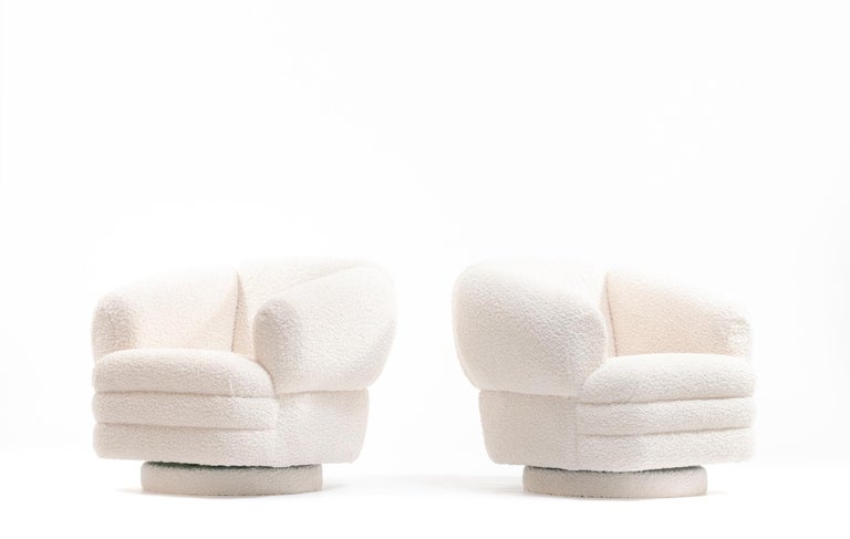 Vladimir Kagan for Directional Pair of Ivory Bouclé Swivel Chairs For