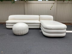 Milo Baughman Style Directional Sectional Sofa, Chaise & Pouf Having Piled Base