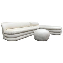 Milo Baughman Style Directional Sectional Sofa, Chaise & Pouf Having Piled Base