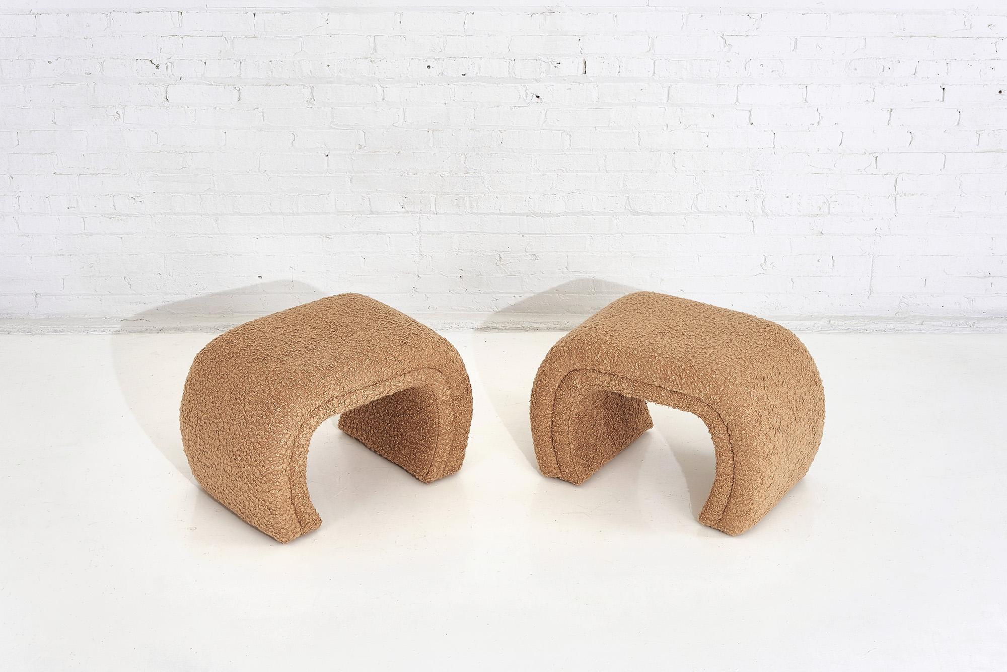 Vladimir Kagan for Directional, waterfall stools in tan bouclé, circa 1990s.