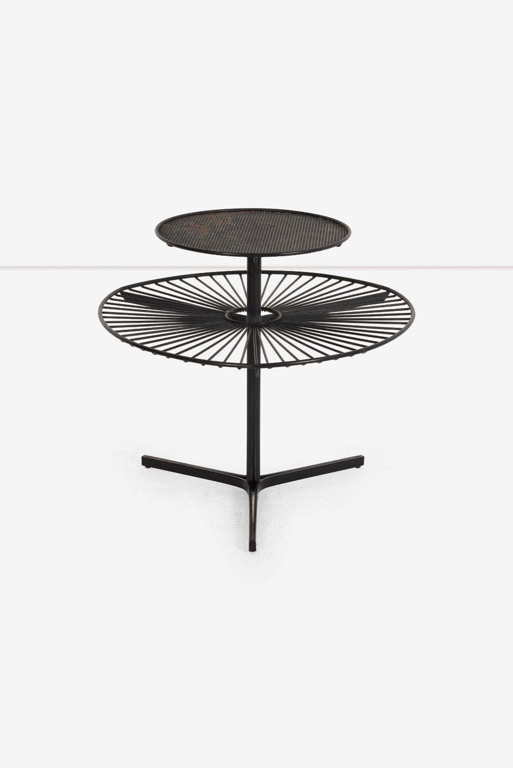 Vladimir Kagan for Kagan-Dreyfuss Capricorn Occasional Table, 1964
Rare indoor/outdoor table from Vladimir Kagan’s iconic Capricorn series for Kagan-Dreyfuss. Features black enameled metal with two-tier perforated shelves—an 18