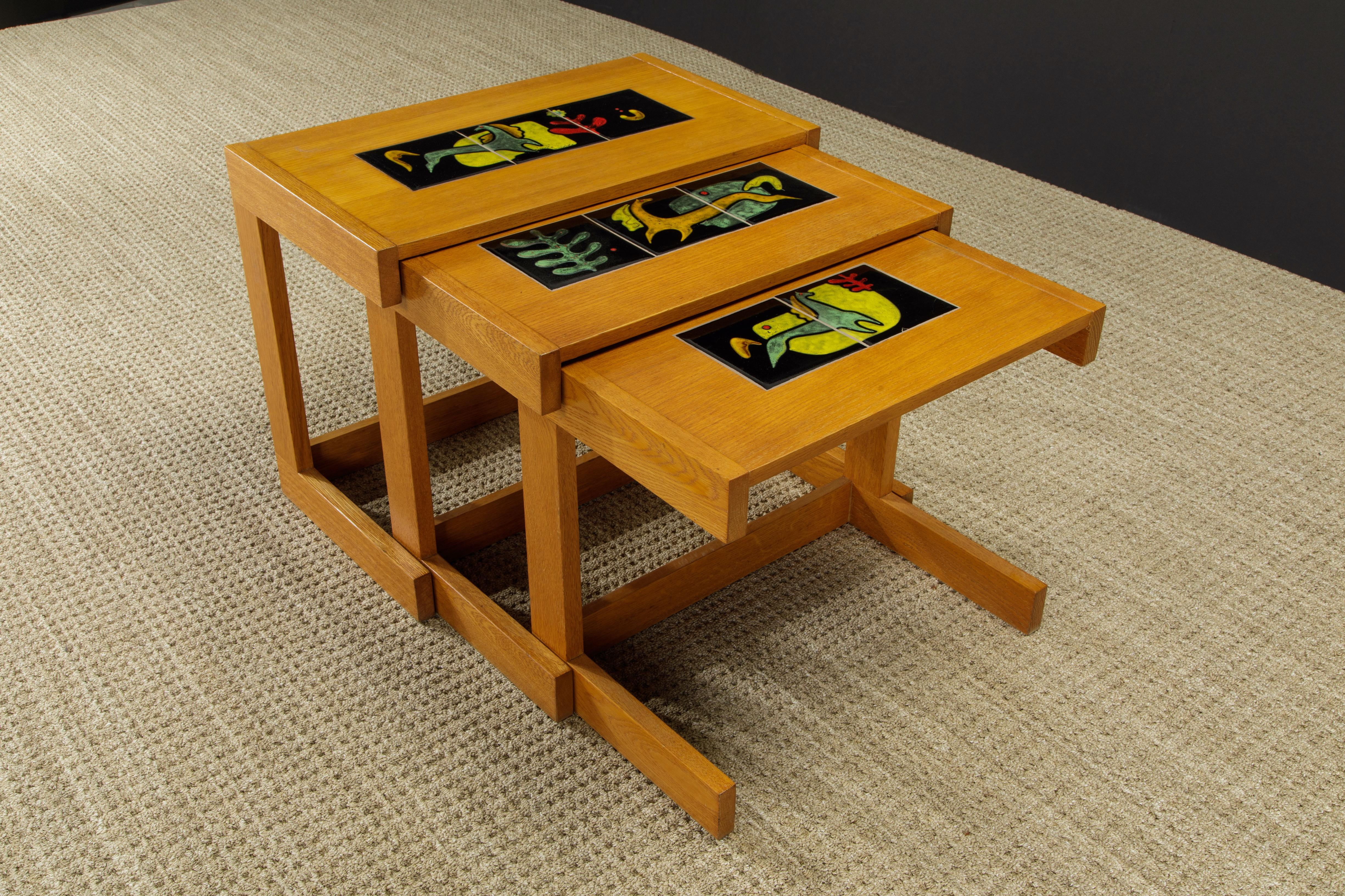Vladimir Kagan for Kagan-Dreyfuss Nesting Tables w Kasuba Tiles, c 1950, Signed In Excellent Condition For Sale In Los Angeles, CA