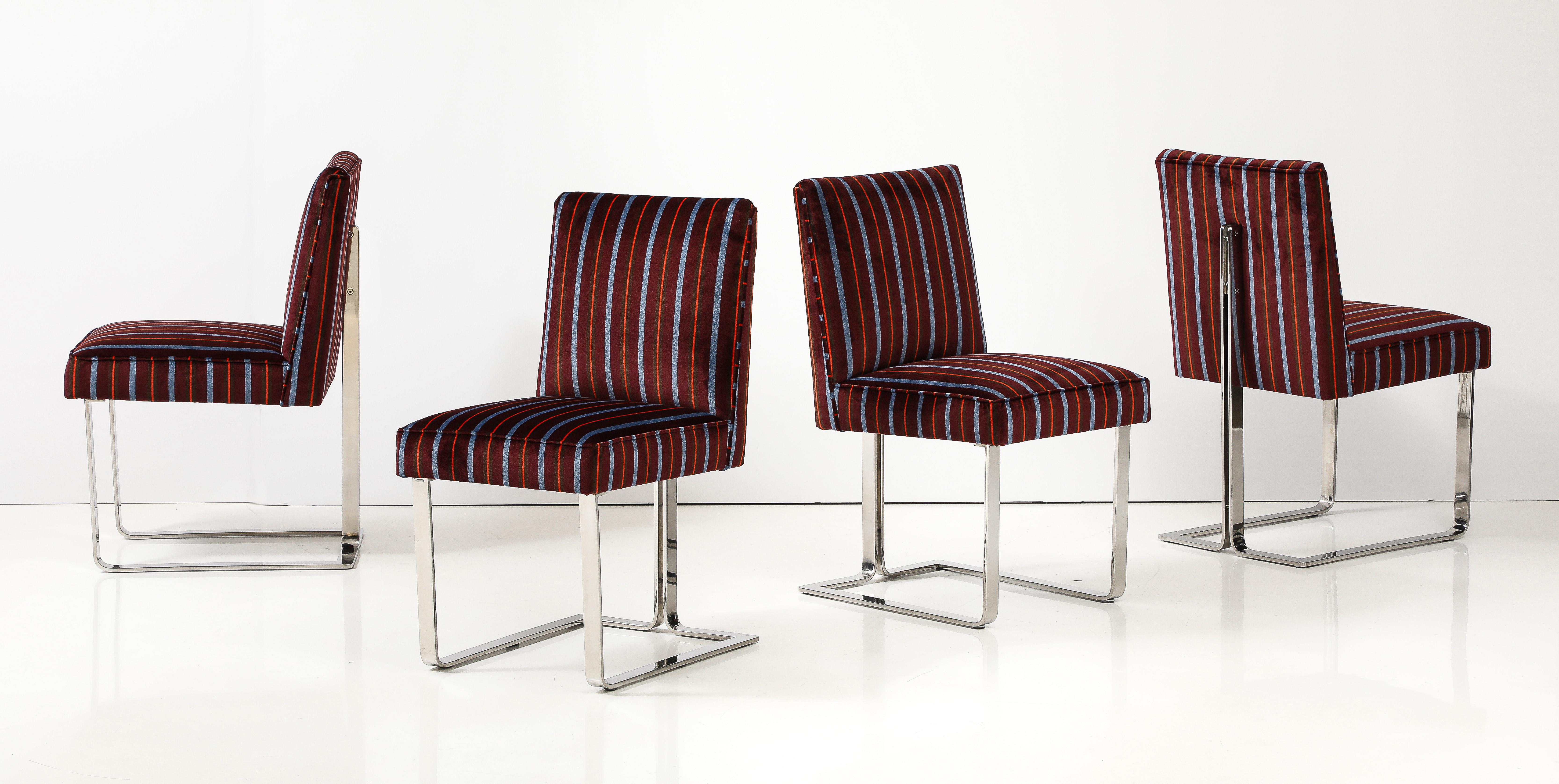Amazing set of 8 solid steel dining chairs designed by Vladimir Kagan for Kagan-Dreyfuss in the 1960's newly-re-upholstered in Donghia velvet fabric, in vintage condition with minor wear and patina due to age and use, the chairs are well made and