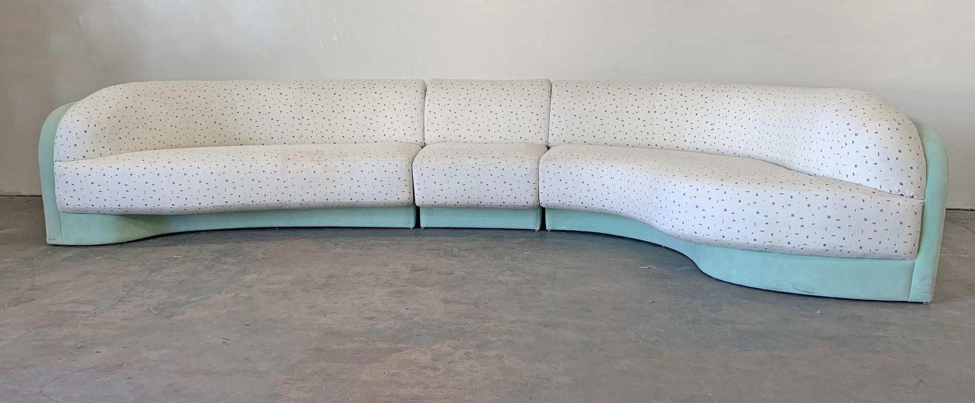 Available right now we have this stunning M. Fillmore Harty for Preview, tagged, 3-piece sectional. This sofa is absolutely right on trend right now and is so current with it's bold 1990s confetti patter with mint green microsuede accent. Very
