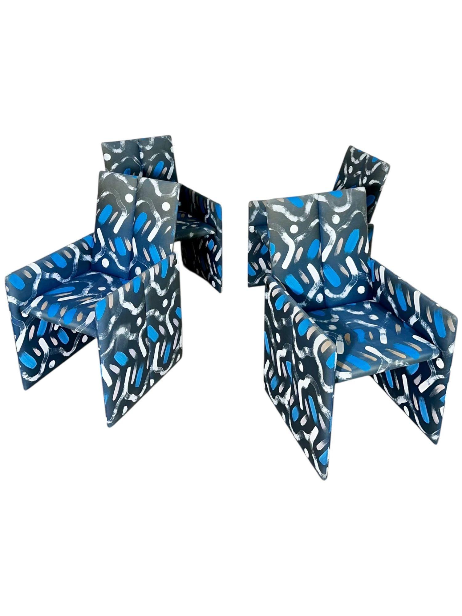 Vladimir Kagan for Preview hand painted fabric dining chairs, 1980.  No label.
Measures 36” tall 21” wide 22” deep, seat height 17.5” 17” deep