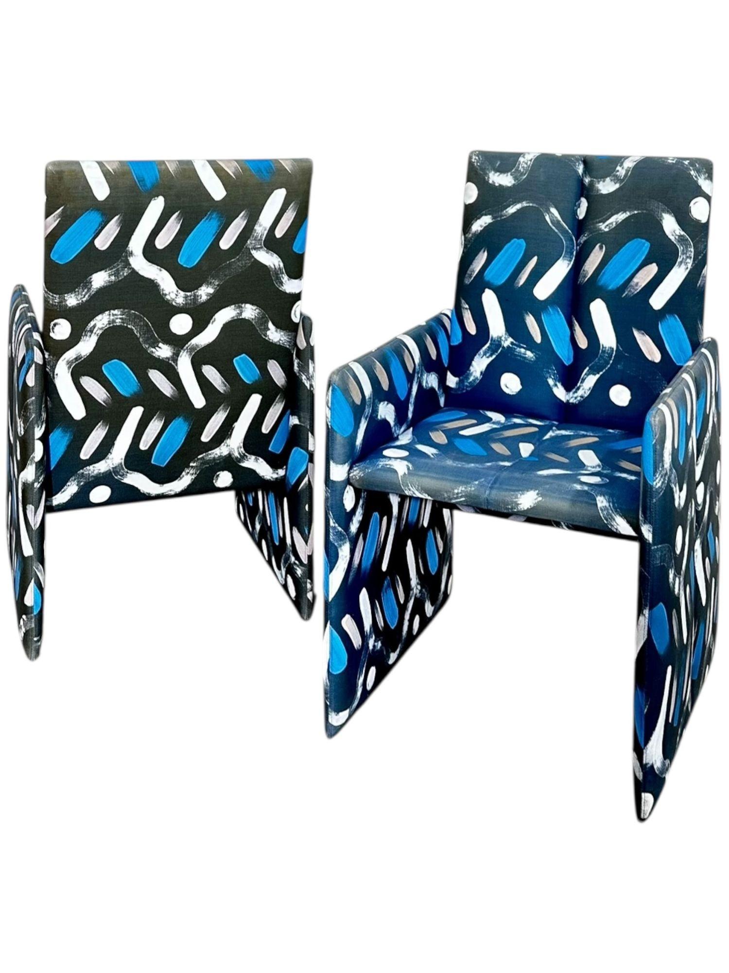 Vladimir Kagan for Preview Hand Painted Fabric Dining Chairs In Good Condition For Sale In Chicago, IL