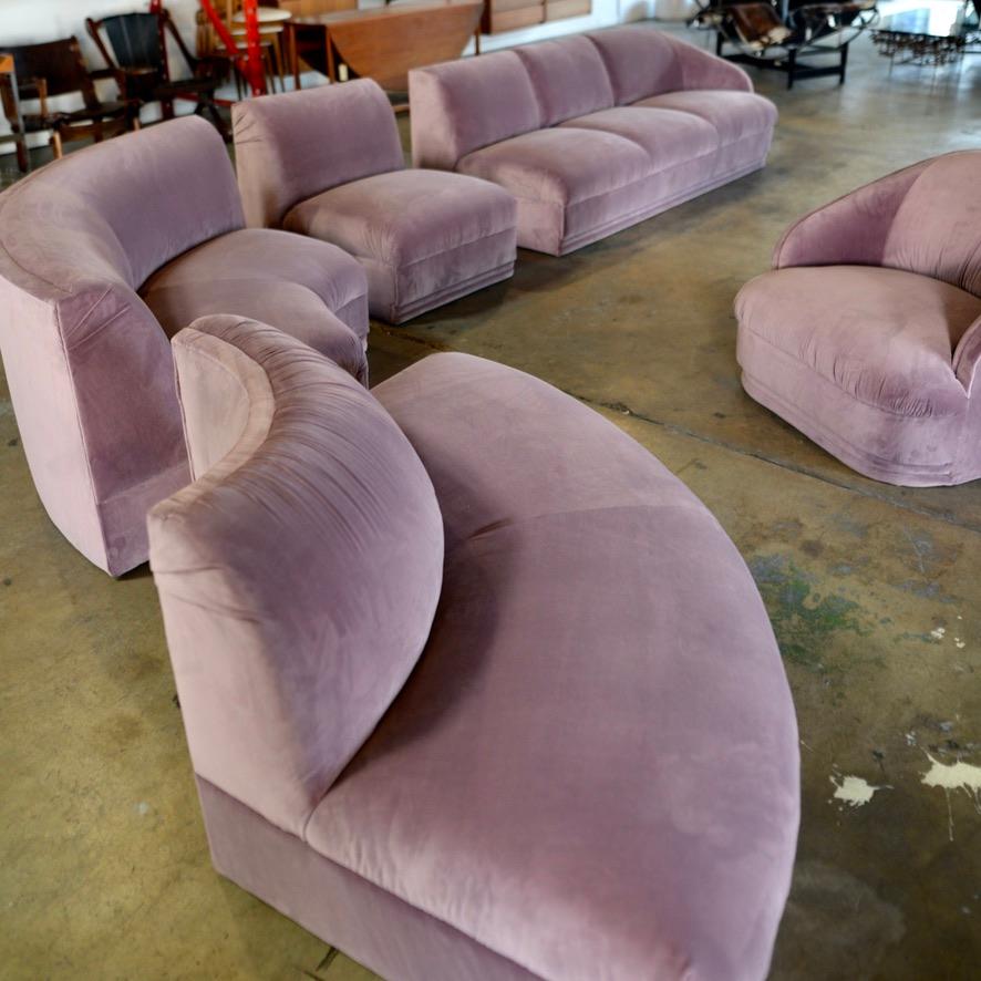 Vladimir Kagan four-piece sectional cloud sofa and armchair in velvet for Weiman.  
We are selling all of our sofa and sofa sets 50% off this Week. 