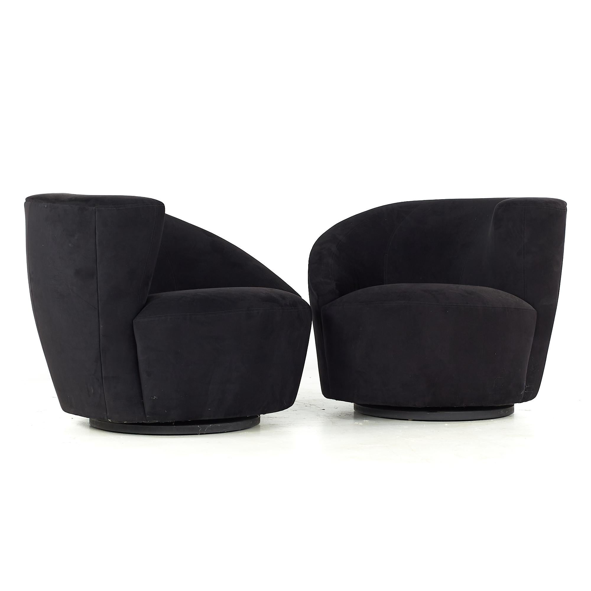 Vladimir Kagan for Weiman midcentury Nautilus Swivel Chairs - Pair

Each chair measures: 35.25 wide x 35.25 deep x 28.25 high, with a seat height of 17 and arm height/chair clearance 23 inches

All pieces of furniture can be had in what we call