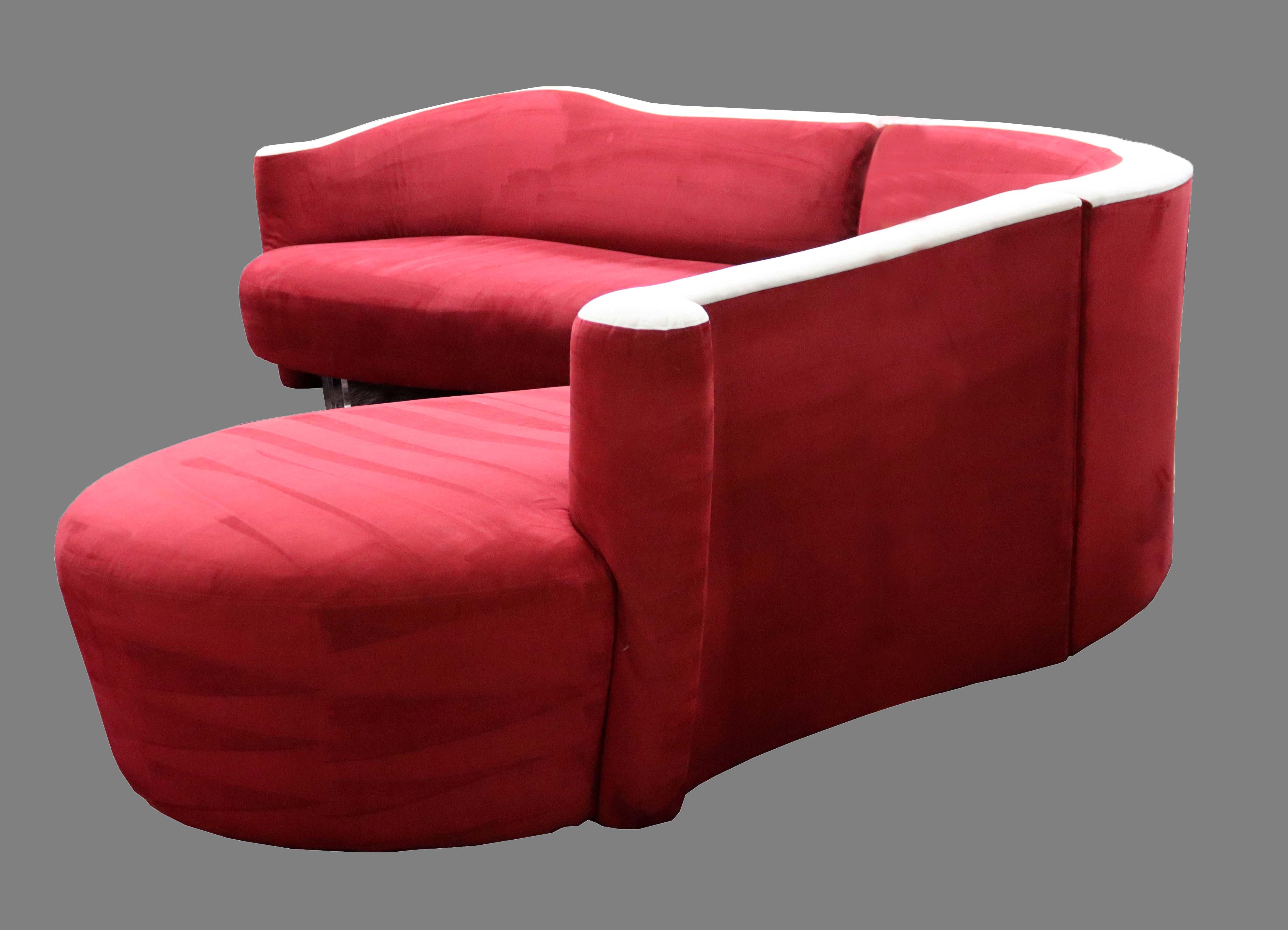 Up for offer is this spectacular 3-piece sectional sofa by Weiman Preview. This 'Cloud' sofa is upholstered in red with white ultrasuede upholstery featuring Lucite legs which make the sofa appear to be floating and would look stunning in any