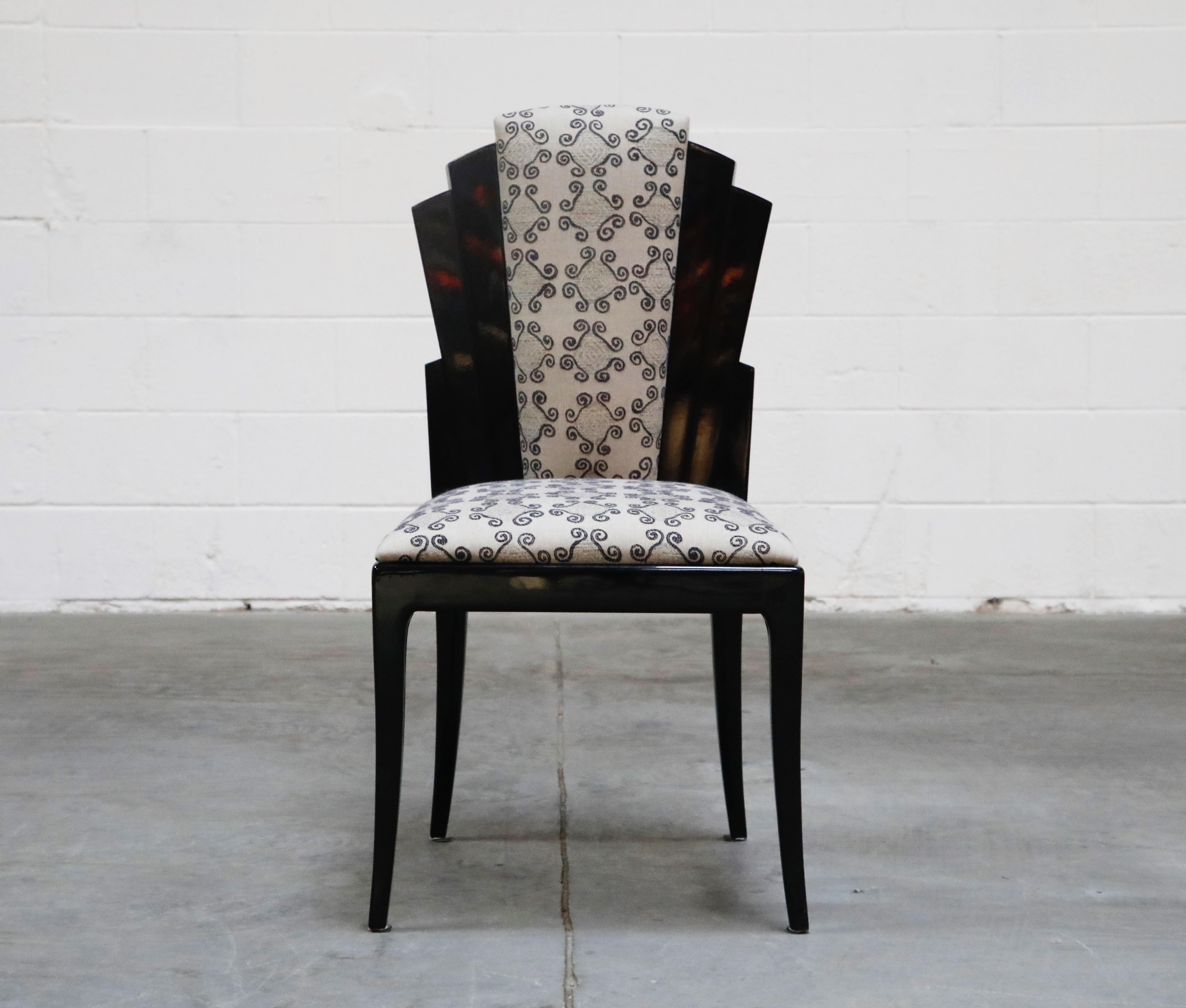 This set of 1980s Postmodern lacquered black dining chairs by Vladimir Kagan, comprised of a set of eight side chairs, are extremely high quality - these chairs have significant heft, not overly heavy but very solid hefty chairs demonstrating the