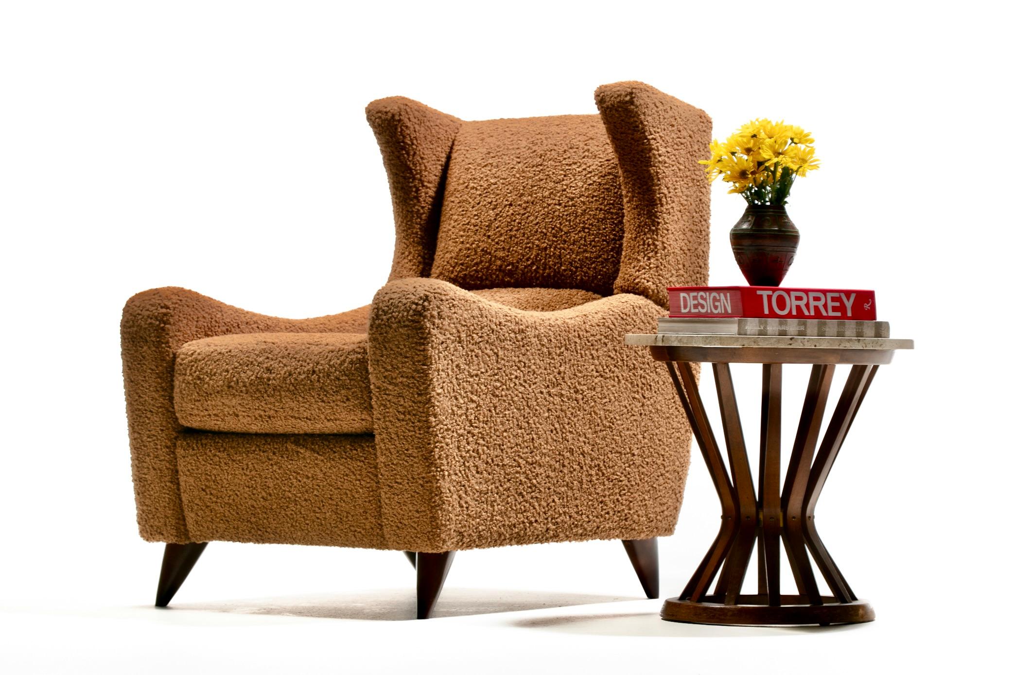 Stately Post Modern Vladimir Kagan Wingback reclining chair made by American Leather professionally reupholstered in super soft and richly textured Cocoa bouclé. New cushioning and lots of comfortable plush support. Re-imagined by Vladimir Kagan,