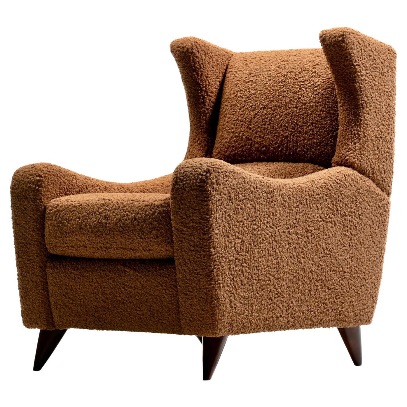 Vladimir Kagan Juno Wingback Recliner in Soft Cocoa Brown Bouclé For Sale