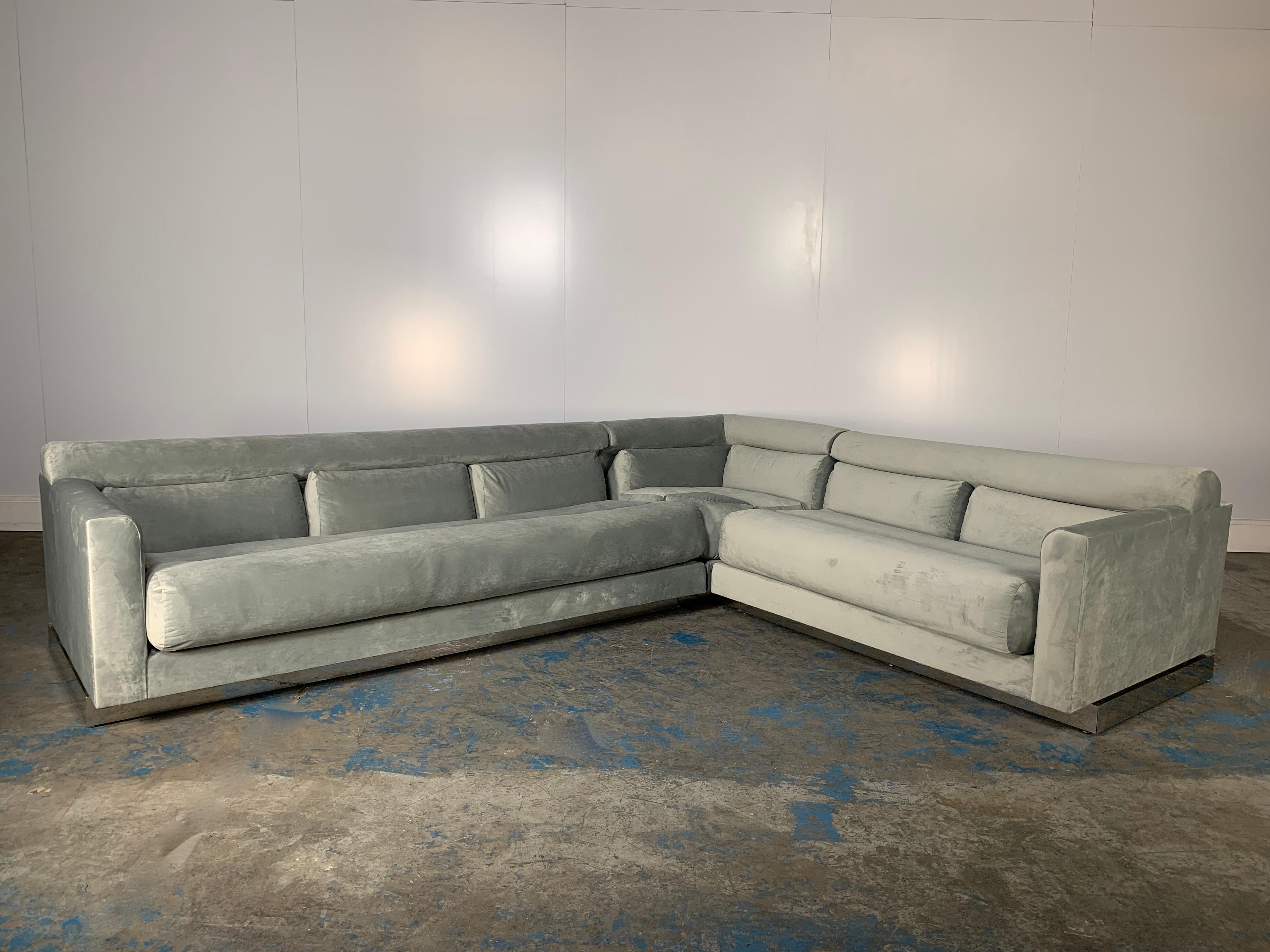 Contemporary Vladimir Kagan L-Shape 5-Seat Sectional Sofa in Pale-Grey Velvet For Sale