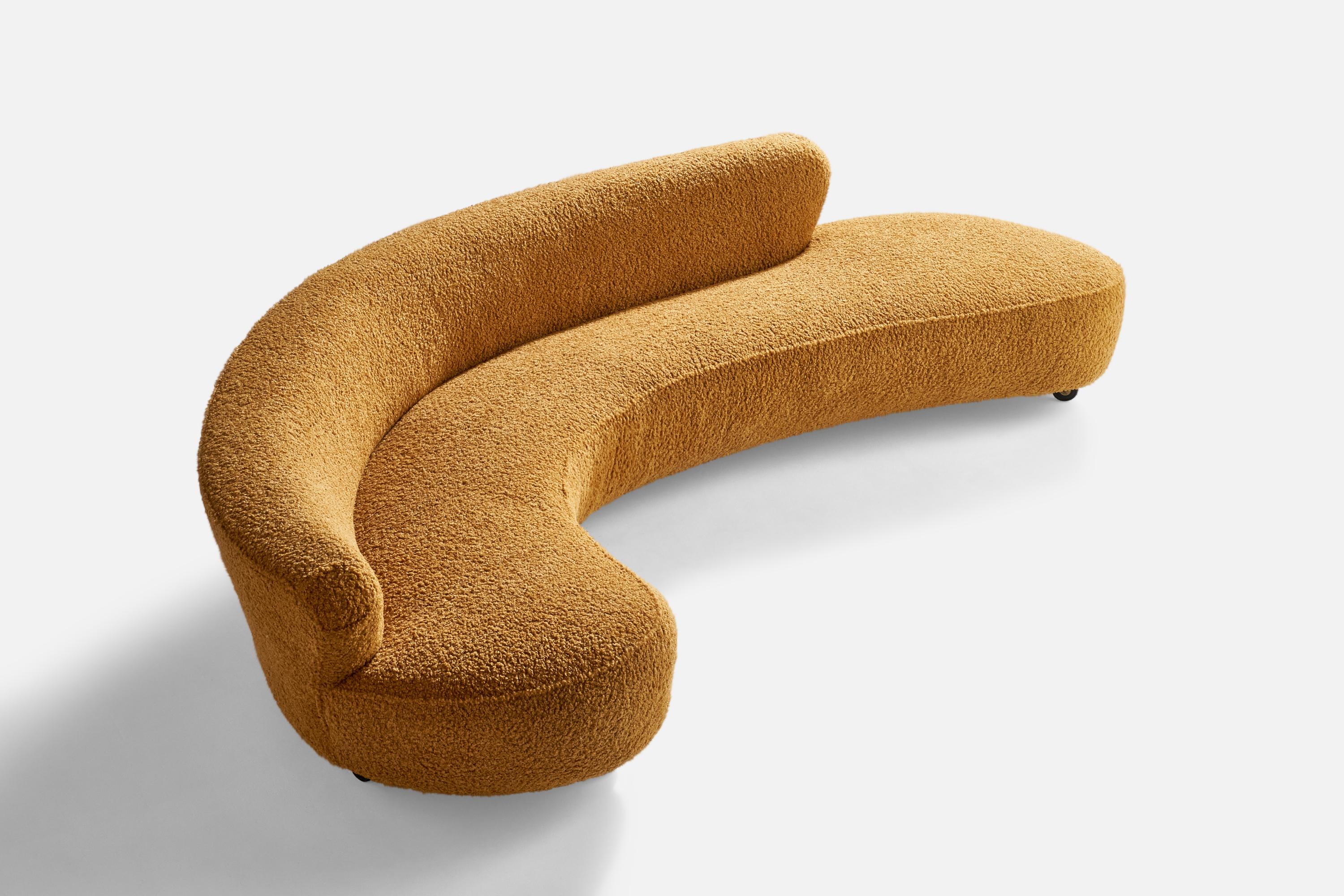 A large curved beige yellow bouclé fabric and metal sofa designed by Vladimir Kagan and produced by Kagan-Dreyfuss Inc. 

Seat height: 15.5”

Reupholstered in brand new bouclé fabric.