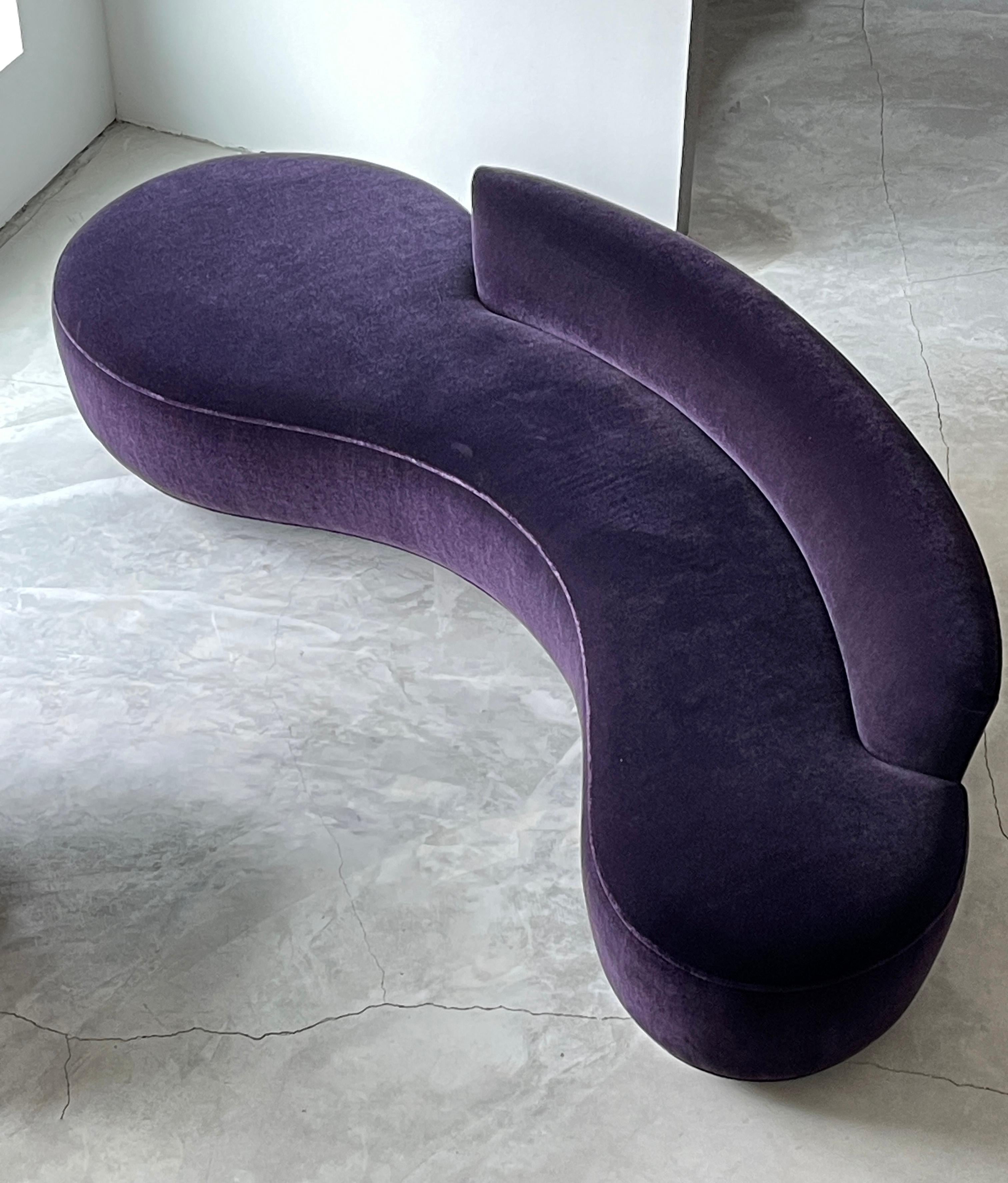 A hyper-modern and organic sofa designed by Vladimir Kagan. Produced by Vladimir Kagan Designs, Inc. c. 1970s. Executed in wood and reupholstered in high-end mohair.

Other designers working in the organic style include Gio Ponti, Jean Royere,