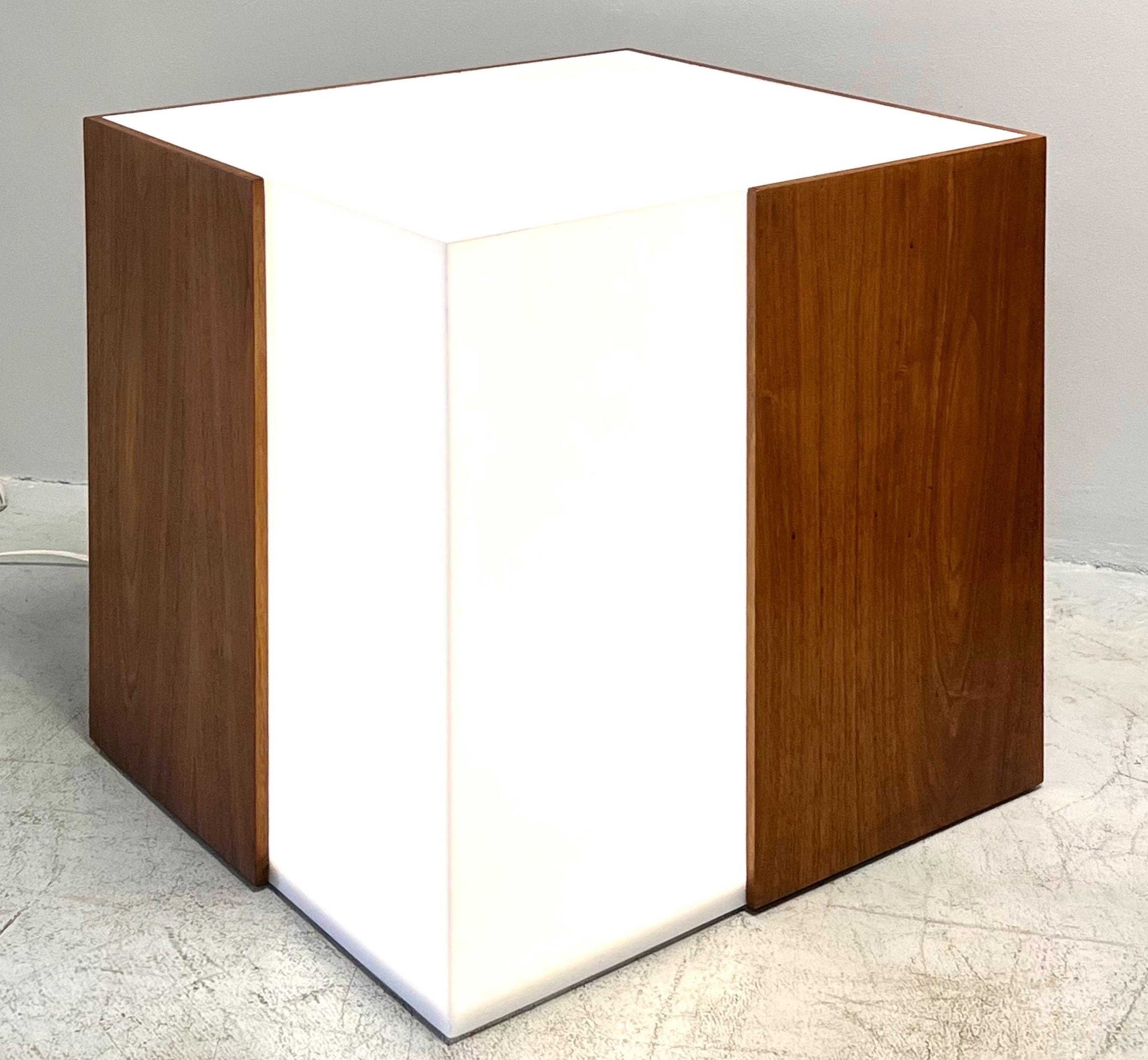 A Vladimir Kagan illuminated cube table. Walnut and white acrylic. Perfect for home or gallery application.