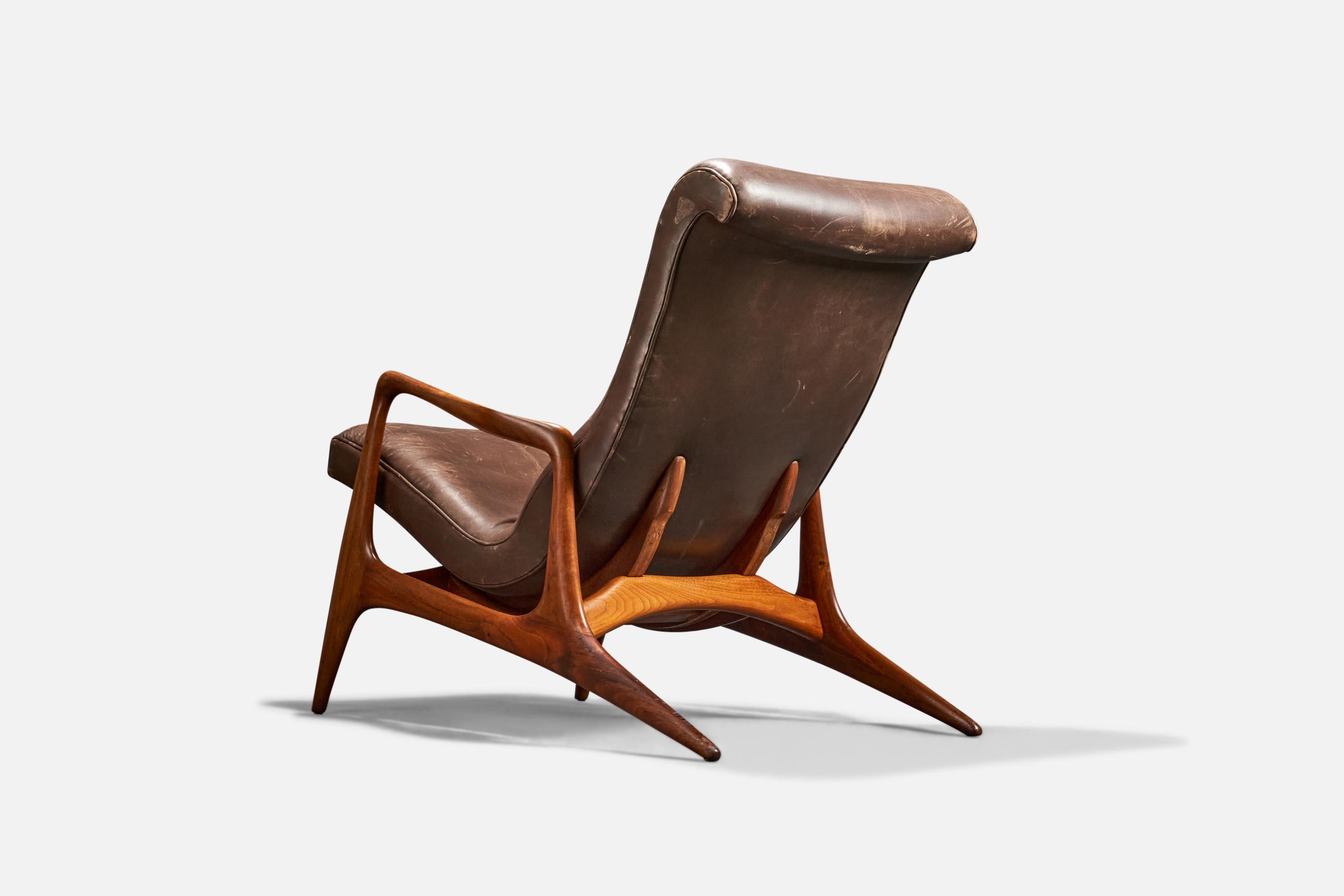 Mid-Century Modern Vladimir Kagan, Lounge Chair, Leather, Walnut, Kagan-Dreyfuss, Inc, USA, 1956 For Sale