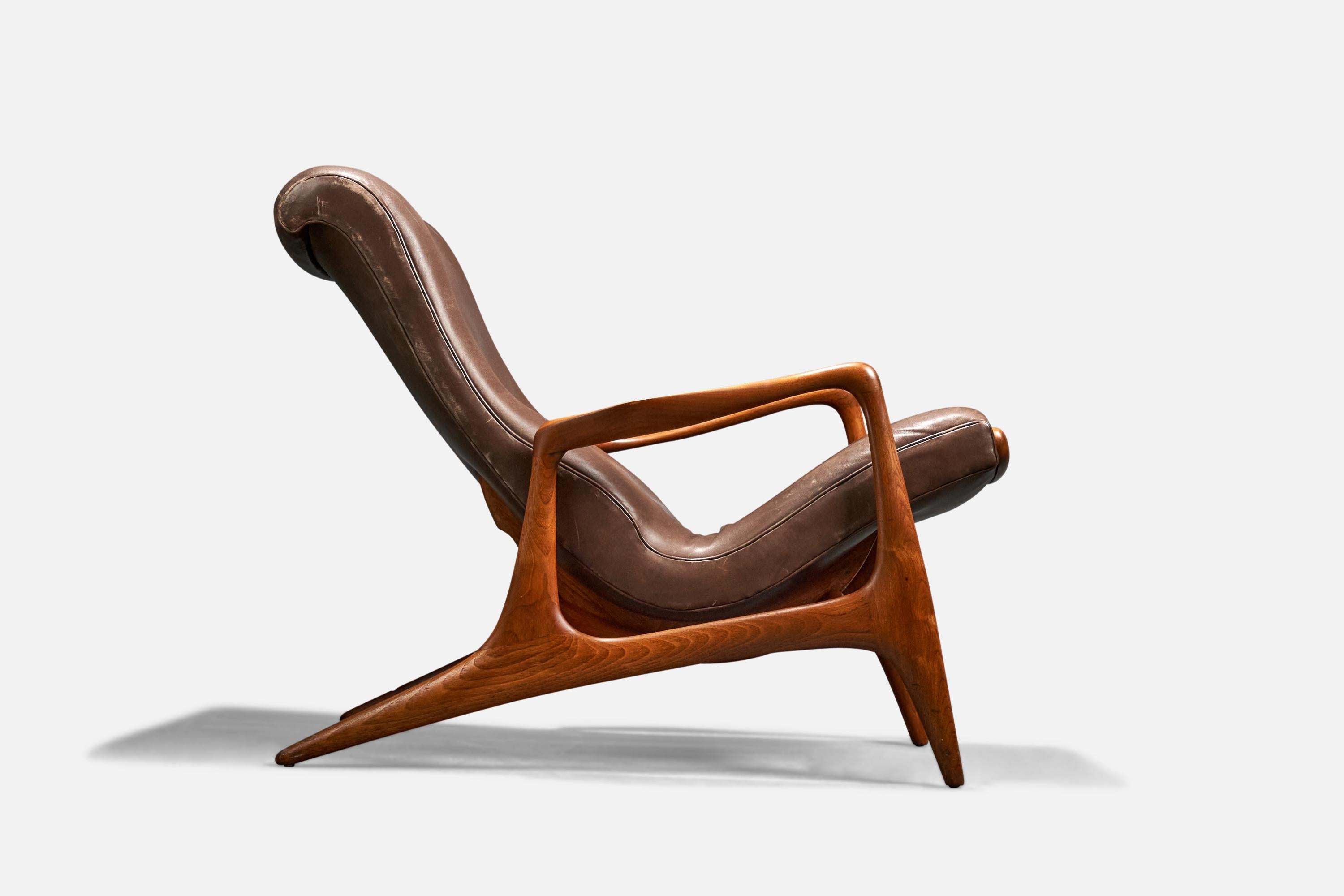 Vladimir Kagan, Lounge Chair, Leather, Walnut, Kagan-Dreyfuss, Inc, USA, 1956 In Good Condition For Sale In High Point, NC
