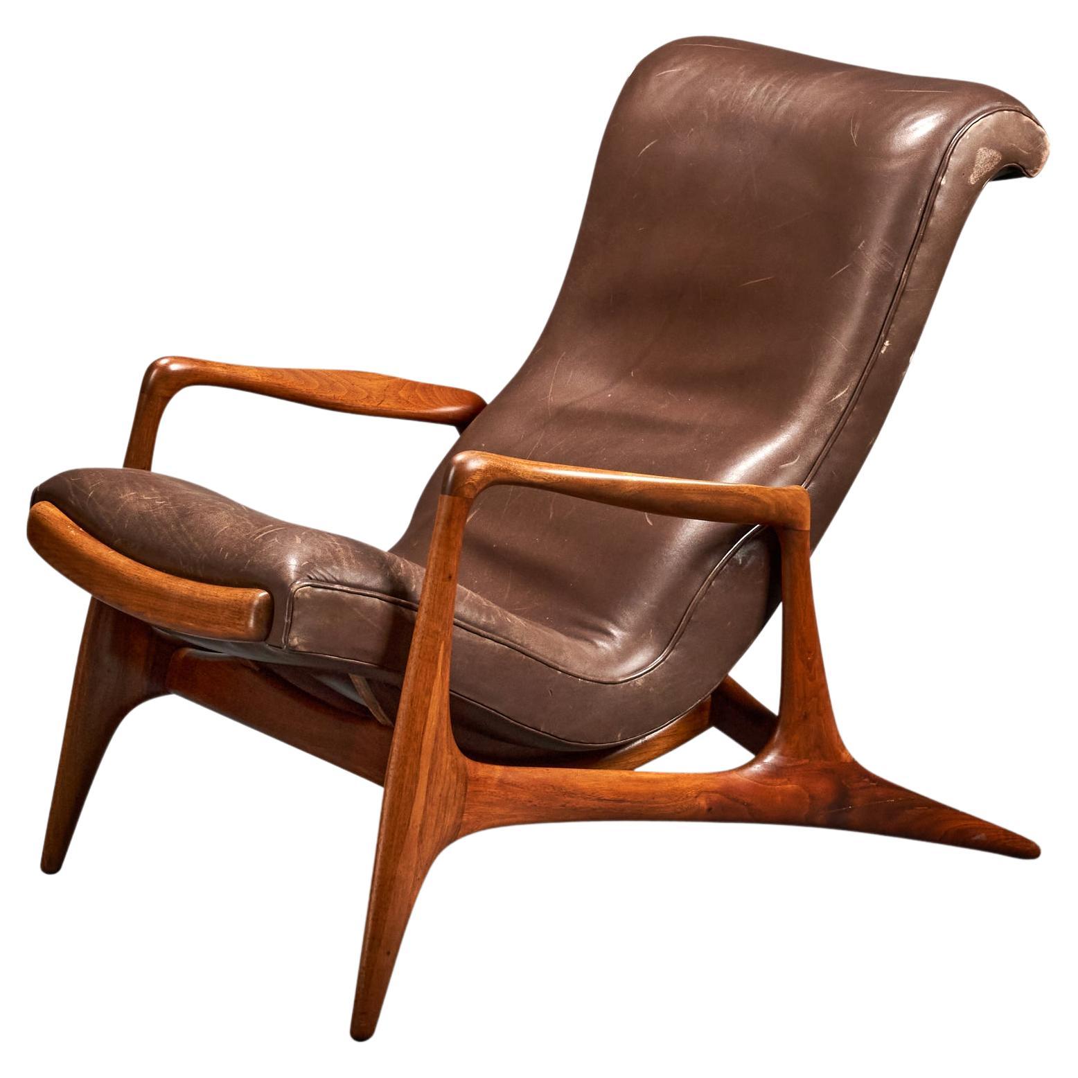 Vladimir Kagan, Lounge Chair, Leather, Walnut, Kagan-Dreyfuss, Inc, USA, 1956