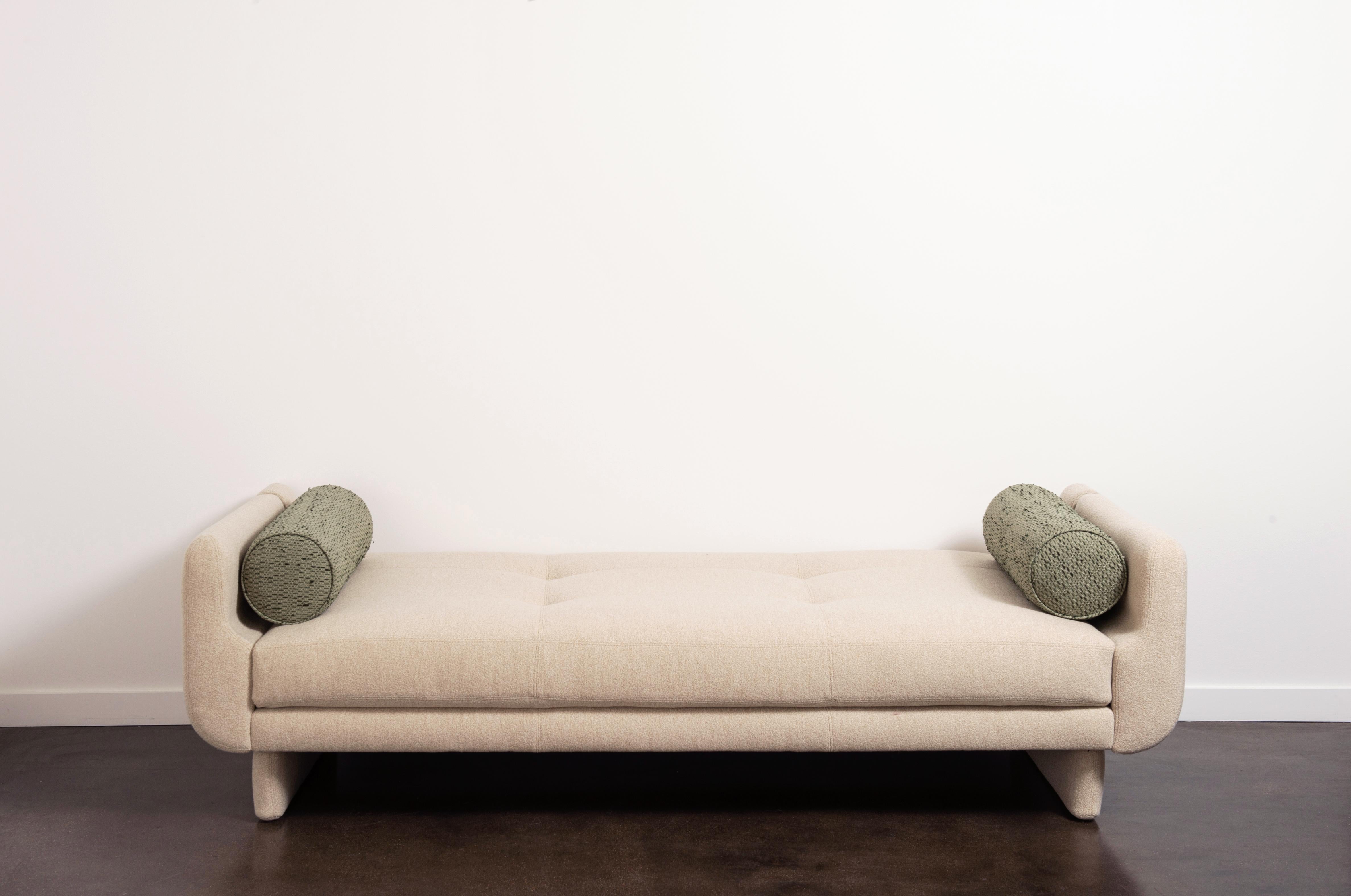 A rare sofa and daybed designed by Vladimir Kagan for American Leather Studios. The sofa has a removable bolster back and two accent bolster pillows. Removing the bolster back, converts the sofa into a daybed. The piece has new cushions and
