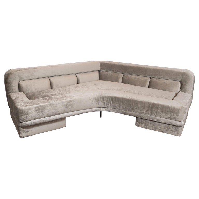 Vladimir Kagan "Stratum Tangent" Sofa in Platinum Velvet with Lucite Legs For Sale