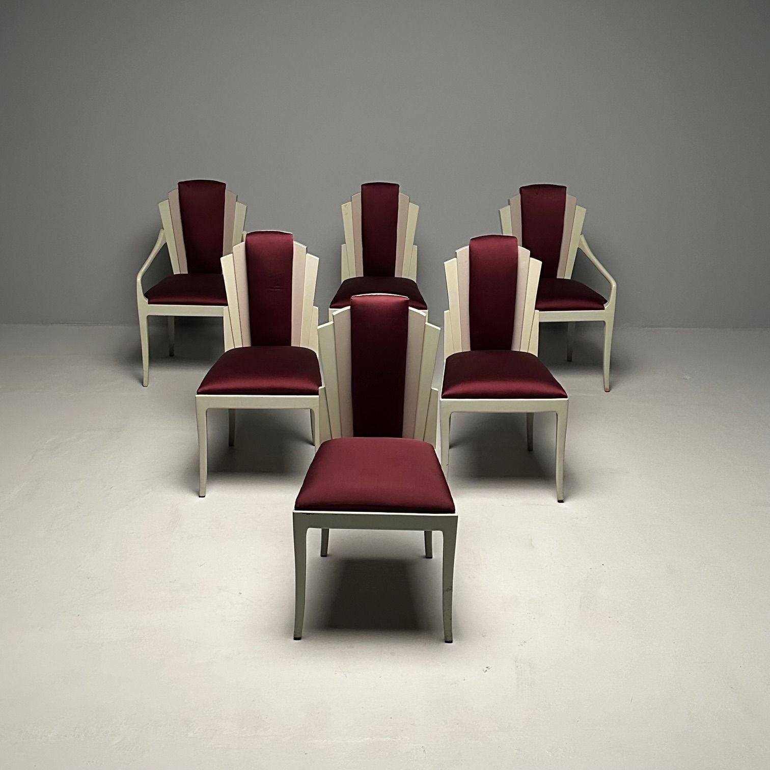 American Vladimir Kagan Mid-Century Modern, Six Eva Dining Chairs, Lacquer, Maroon Fabric For Sale